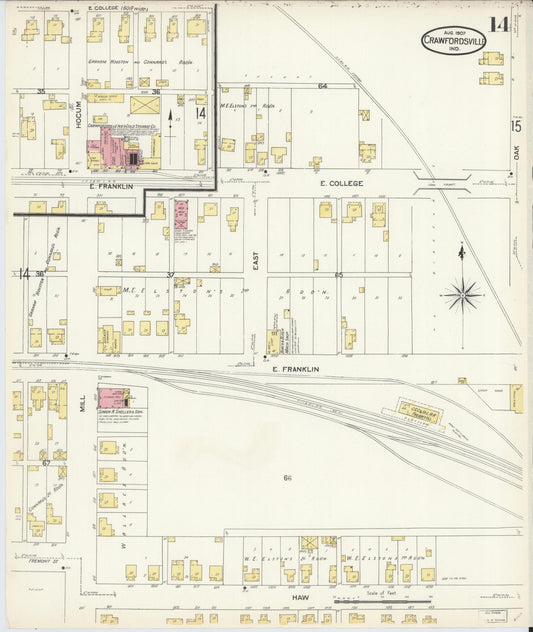 Sanborn Fire Insurance Map from Crawfordsville, Montgomery County, Indiana (1907), Sheet #0014 - Historic Sanborn Fire Insurance Map Print, vintage old map wall art, antique decor, genealogy gift, Indiana Indiana map
