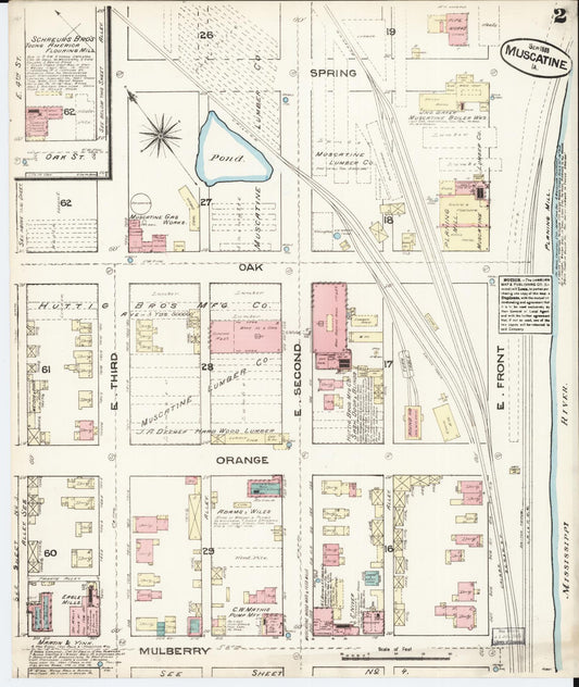 Sanborn Fire Insurance Map from Muscatine, Muscatine County, Iowa (1883), Sheet #0002 - Historic Sanborn Fire Insurance Map Print, vintage old map wall art