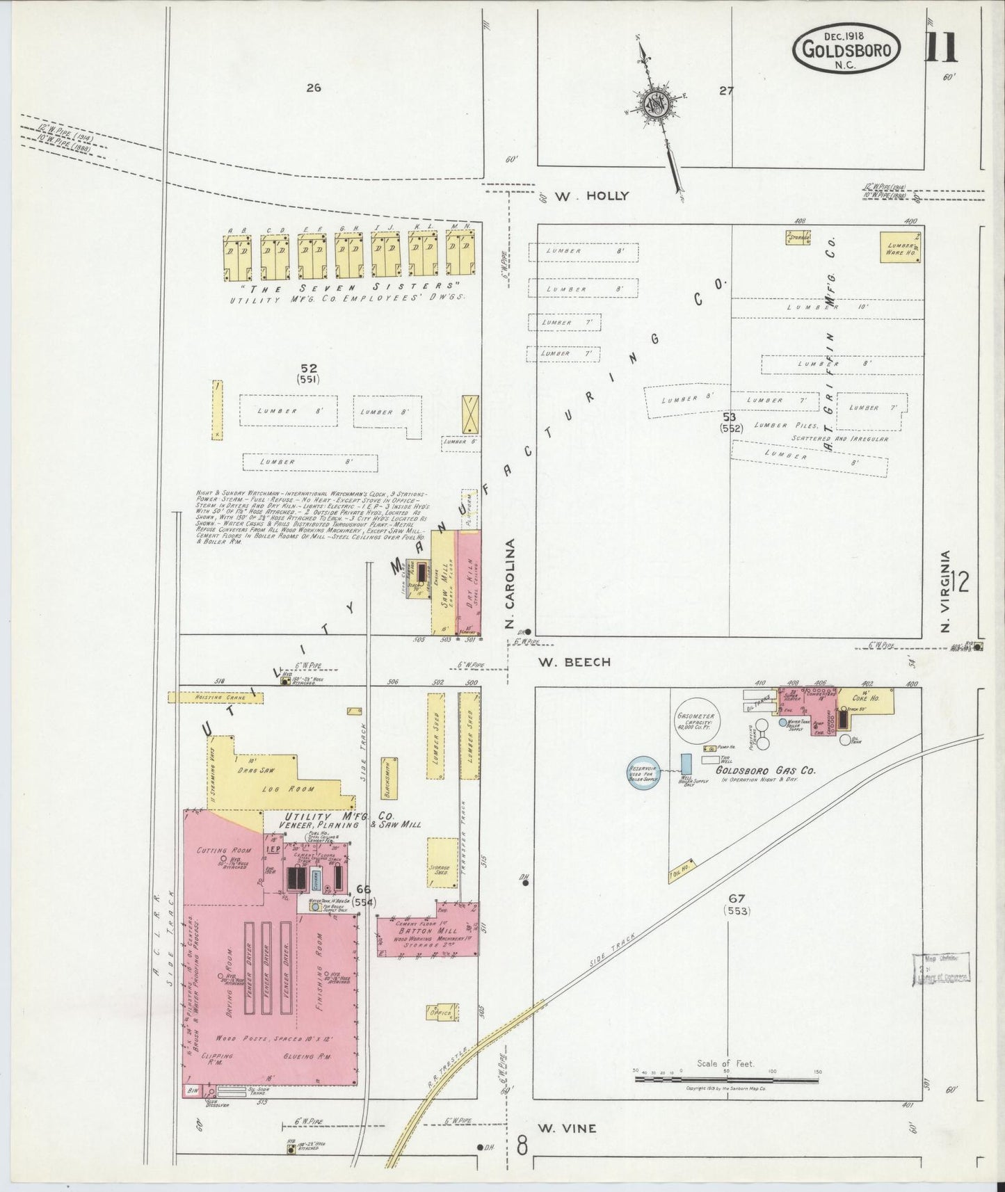 Sanborn Fire Insurance Map from Goldsboro, Wayne County, North Carolina (1918), Sheet #0011 - Complete Map Set gallery image, historic Sanborn map, vintage wall art, North Carolina North Carolina