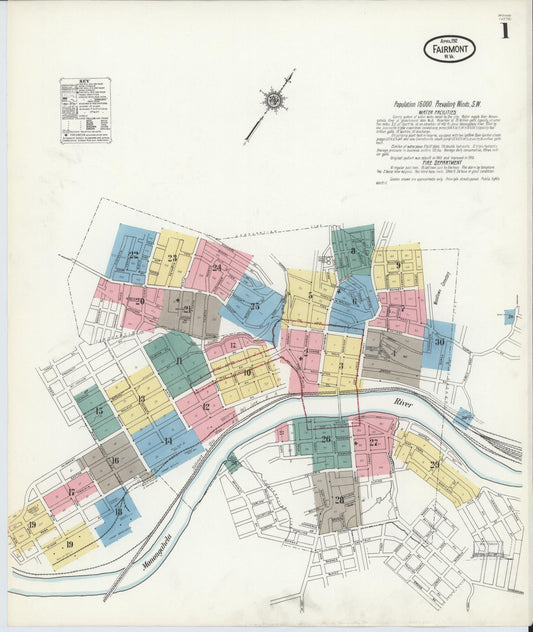 Sanborn Fire Insurance Map from Fairmont, Marion County, West Virginia (1912), Sheet #0001 - Complete Map Set gallery image, historic Sanborn map, vintage wall art, West Virginia West Virginia