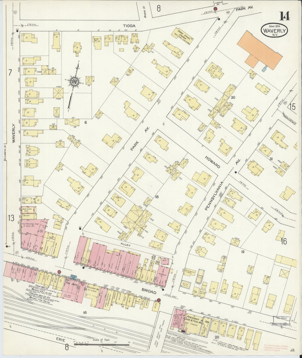 Sanborn Fire Insurance Map from Waverly, Tioga County, New York (1914), Sheet #0014 - Historic Sanborn Fire Insurance Map Print, vintage old map wall art, antique decor, genealogy gift, New York New York map