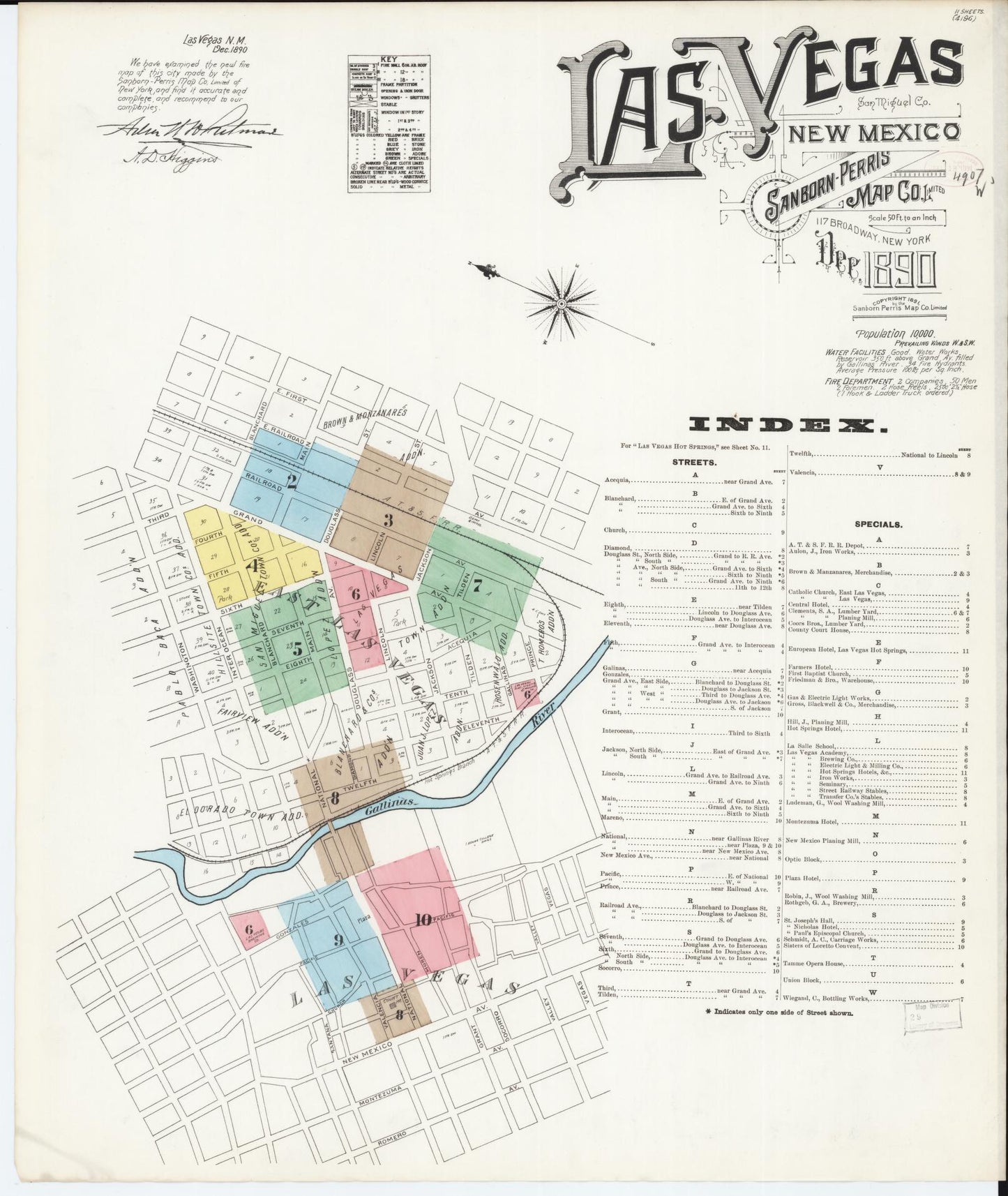 Sanborn Fire Insurance Map from Las Vegas, San Miguel County, New Mexico (1890), Sheet #0001 - Historic Sanborn Fire Insurance Map Print, vintage old map wall art, antique decor, genealogy gift, New Mexico New Mexico map