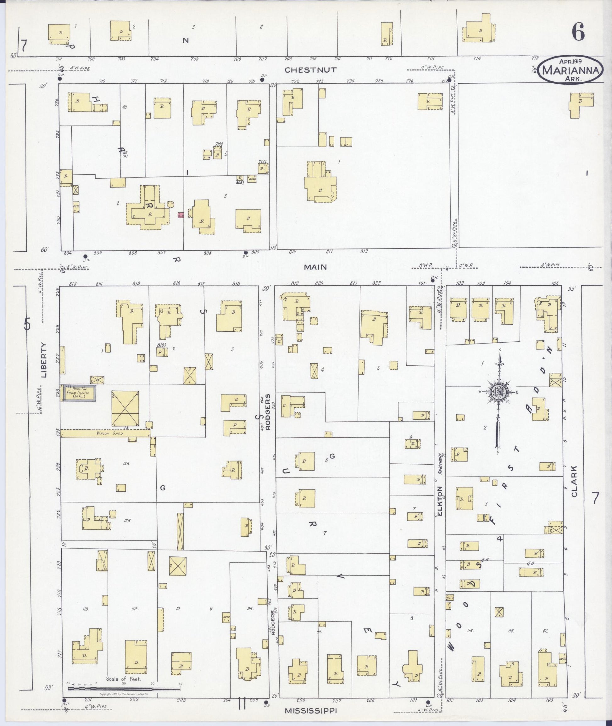 Sanborn Fire Insurance Map from Marianna, Lee County, Arkansas (1919), Sheet #0006 - Historic Sanborn Fire Insurance Map Print, vintage old map wall art, antique decor, genealogy gift, Arkansas Arkansas map