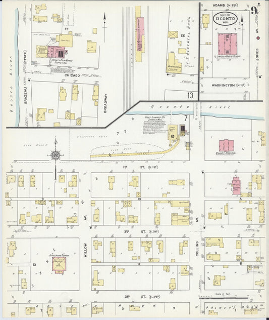 Sanborn Fire Insurance Map from Oconto, Oconto County, Wisconsin (1911), Sheet #0009 - Historic Sanborn Fire Insurance Map Print, vintage old map wall art, antique decor, genealogy gift, Wisconsin Wisconsin map