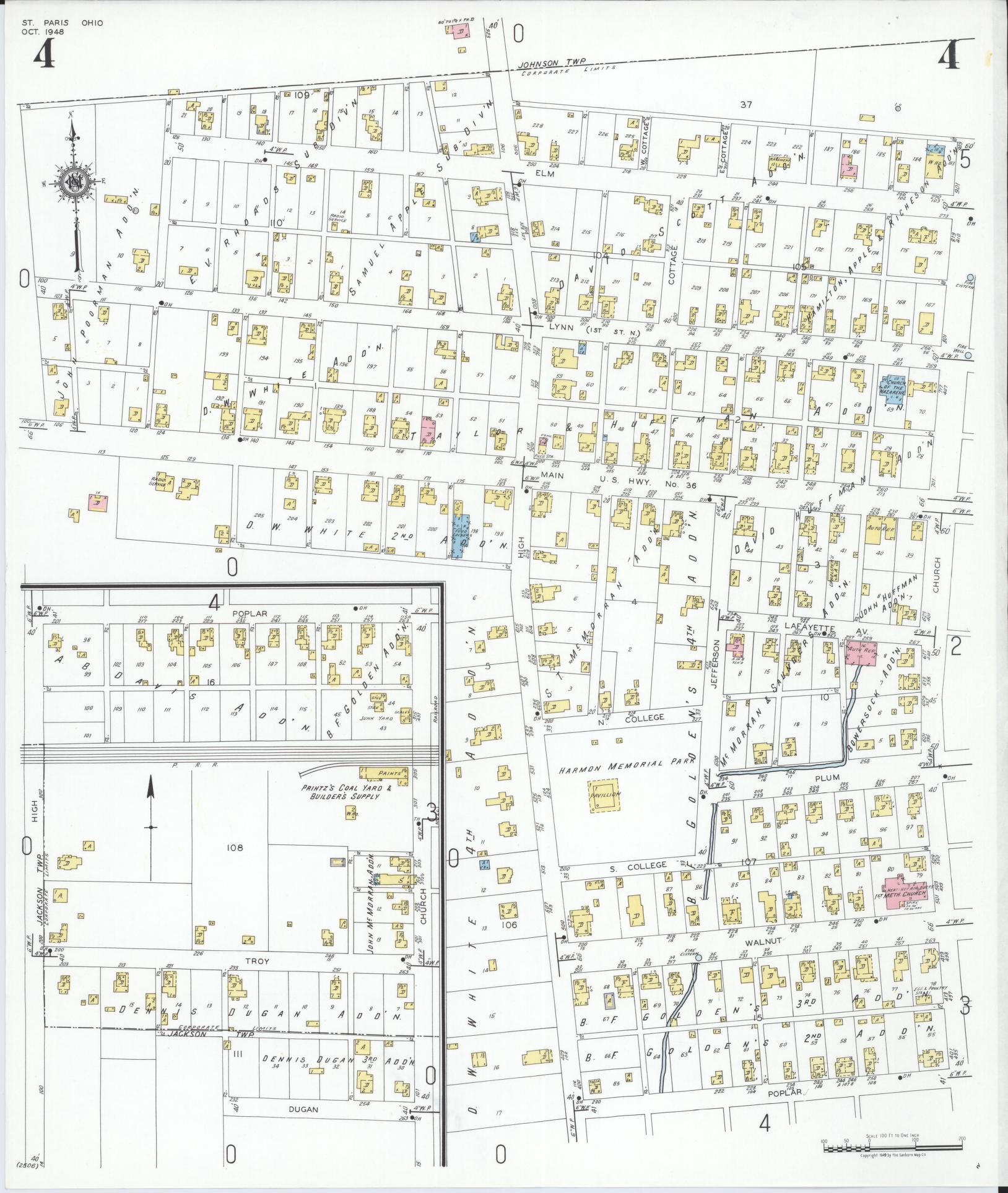 Sanborn Fire Insurance Map from Saint Paris, Champaign County, Ohio (1948), Sheet #0004 - Historic Sanborn Fire Insurance Map Print, vintage old map wall art, antique decor, genealogy gift, Ohio Ohio map
