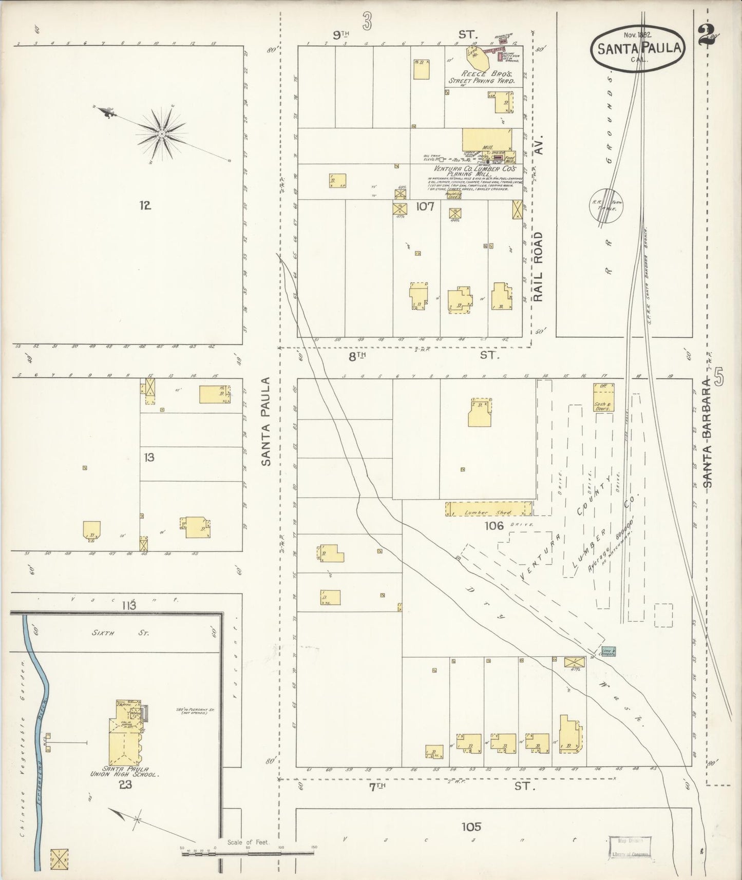 Sanborn Fire Insurance Map from Santa Paula, Ventura County, California (1892), Sheet #0002 - Complete Map Set gallery image, historic Sanborn map, vintage wall art, California California
