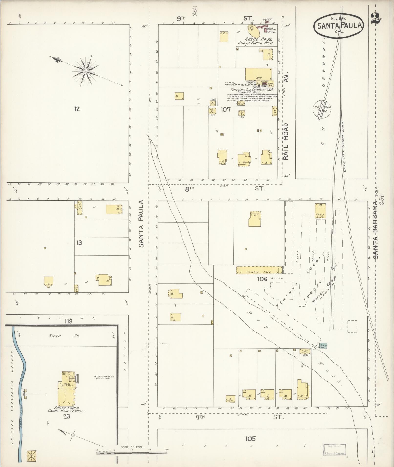 Sanborn Fire Insurance Map from Santa Paula, Ventura County, California (1892), Sheet #0002 - Complete Map Set gallery image, historic Sanborn map, vintage wall art, California California