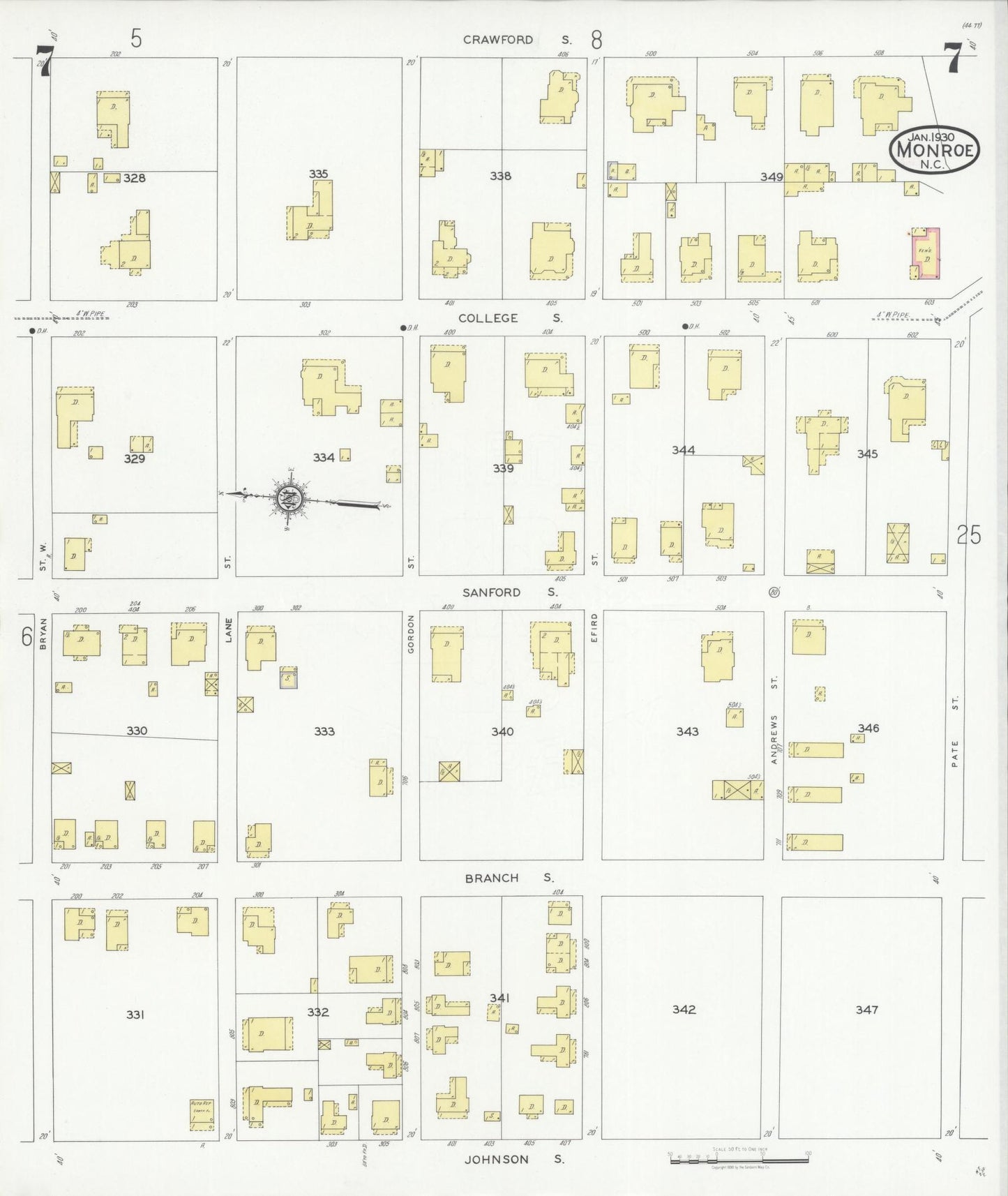 Sanborn Fire Insurance Map from Monroe, Union County, North Carolina (1930), Sheet #0007 - Complete Map Set gallery image, historic Sanborn map, vintage wall art, North Carolina North Carolina