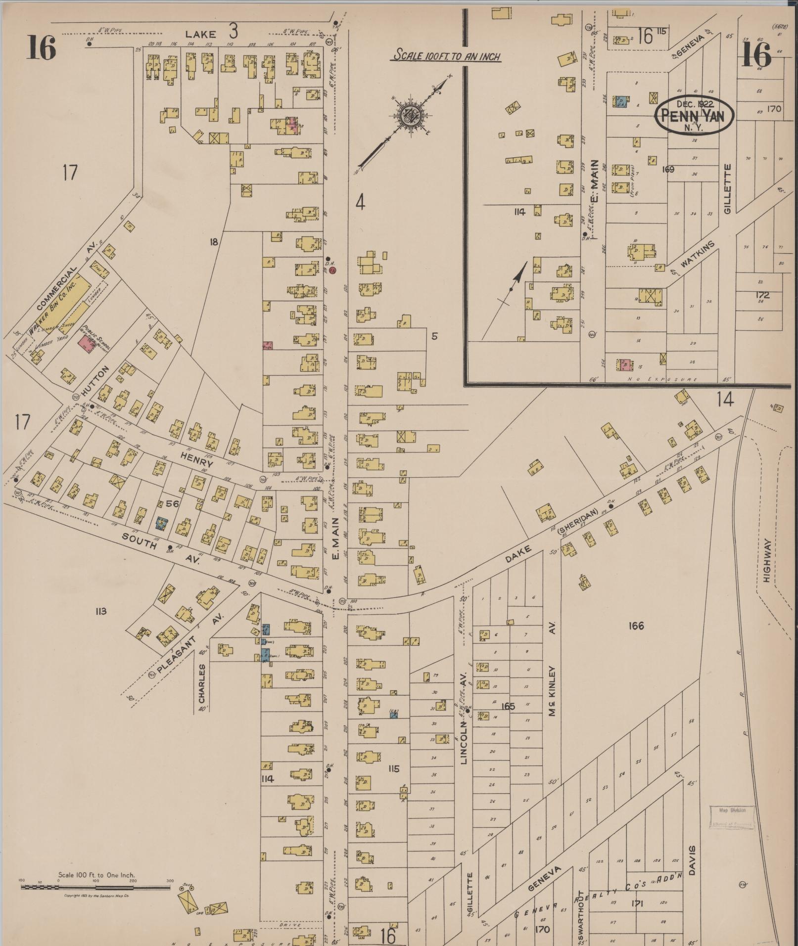 Sanborn Fire Insurance Map from Penn Yan, Yates County, New York (1922), Sheet #0016 - Historic Sanborn Fire Insurance Map Print, vintage old map wall art, antique decor, genealogy gift, New York New York map