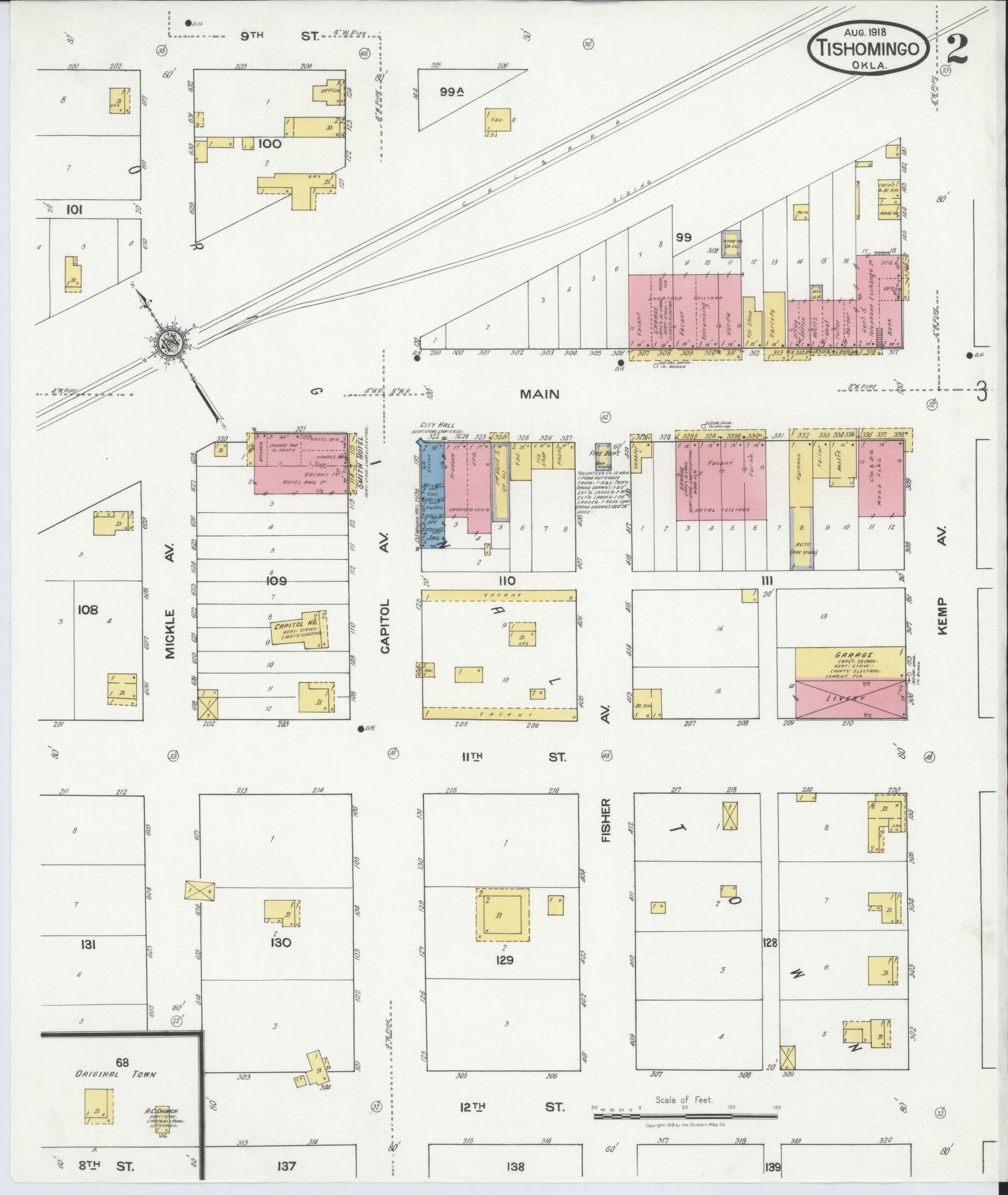 Sanborn Fire Insurance Map from Tishomingo, Johnston County, Oklahoma (1918), Sheet #0002 - Historic Sanborn Fire Insurance Map Print, vintage old map wall art, antique decor, genealogy gift, Oklahoma Oklahoma map