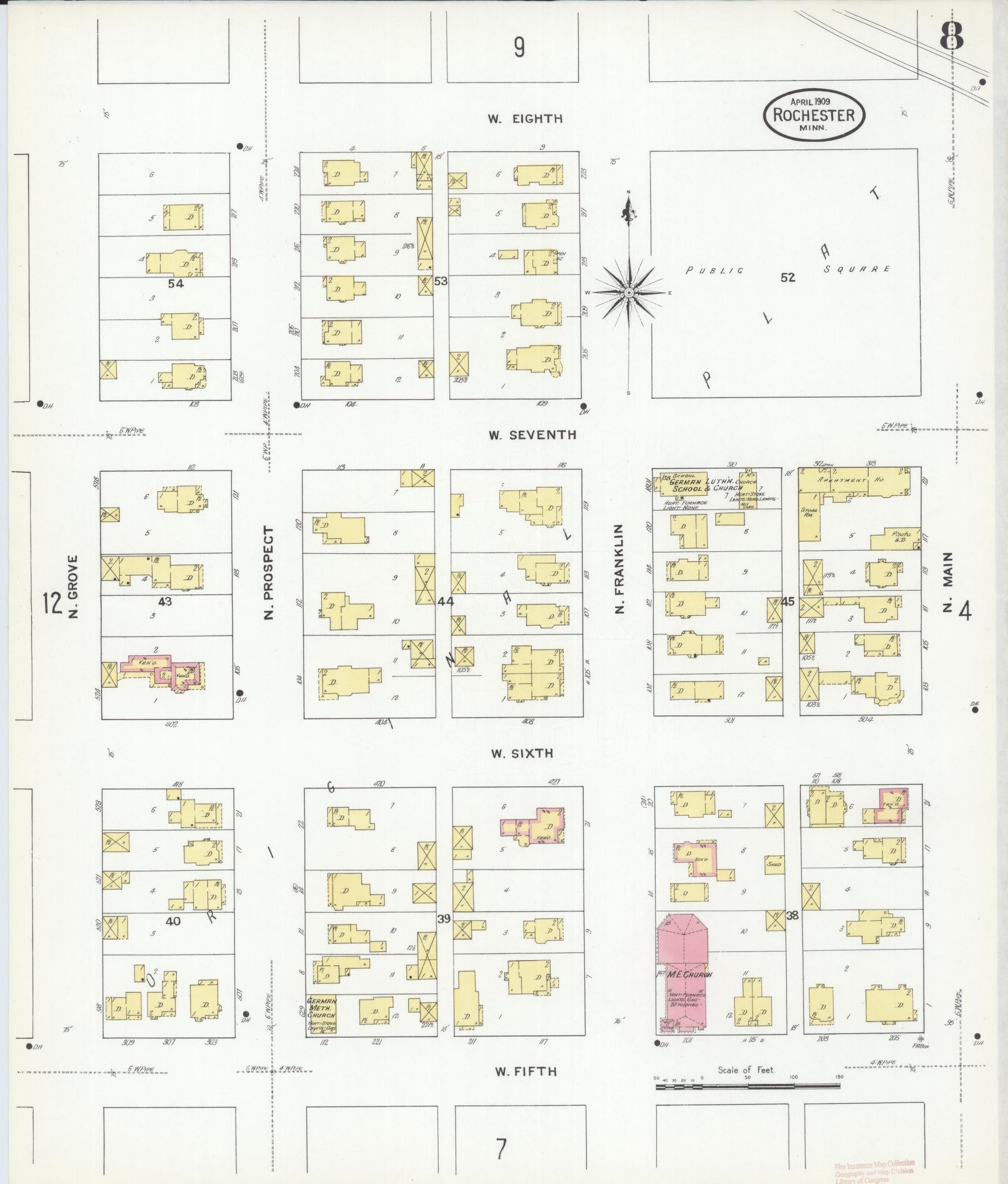 Sanborn Fire Insurance Map from Rochester, Olmsted County, Minnesota (1909), Sheet #0008 - Complete Map Set gallery image, historic Sanborn map, vintage wall art, Minnesota Minnesota