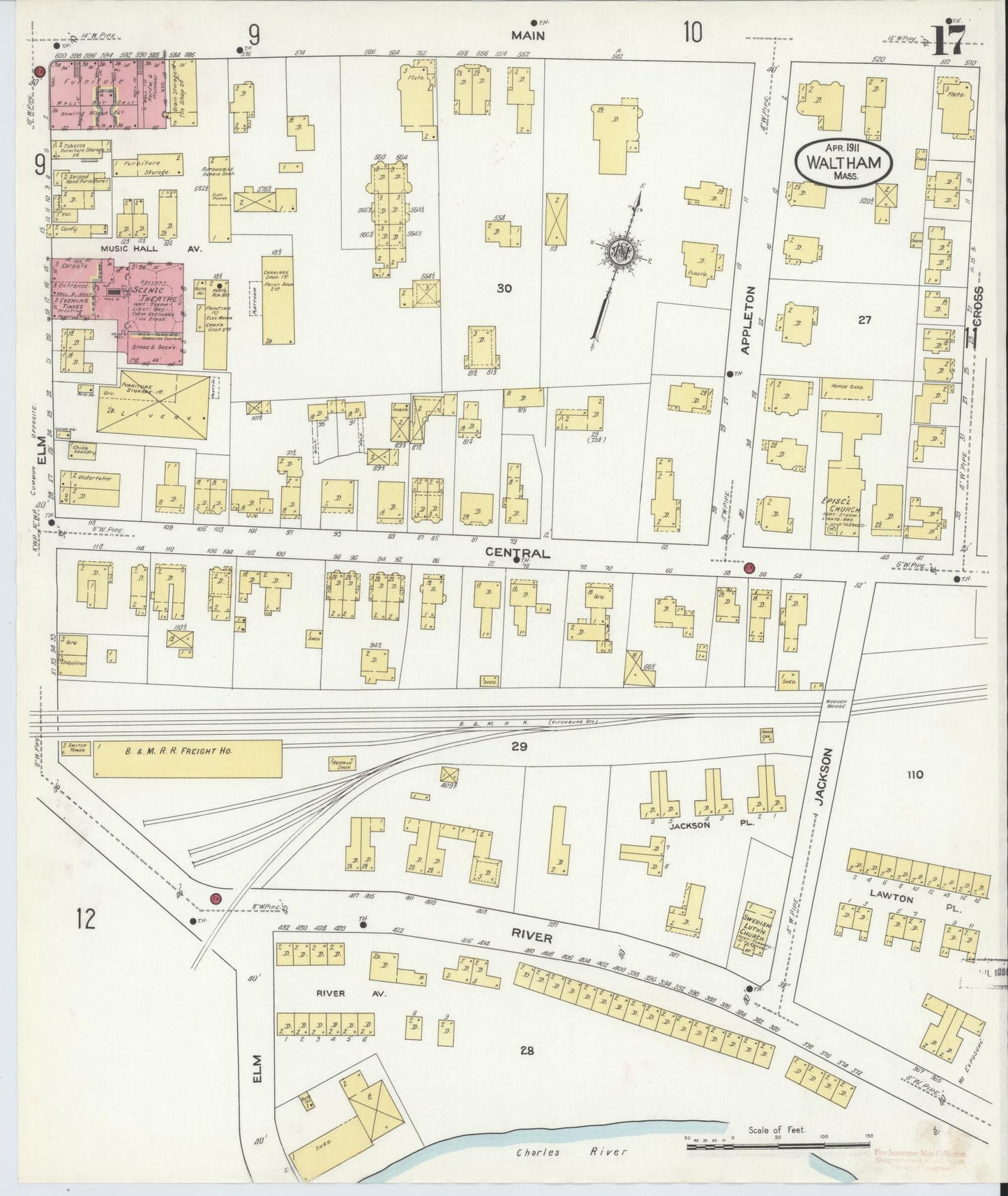 Sanborn Fire Insurance Map from Waltham, Middlesex County, Massachusetts (1911), Sheet #0017 - Complete Map Set gallery image, historic Sanborn map, vintage wall art, Massachusetts Massachusetts