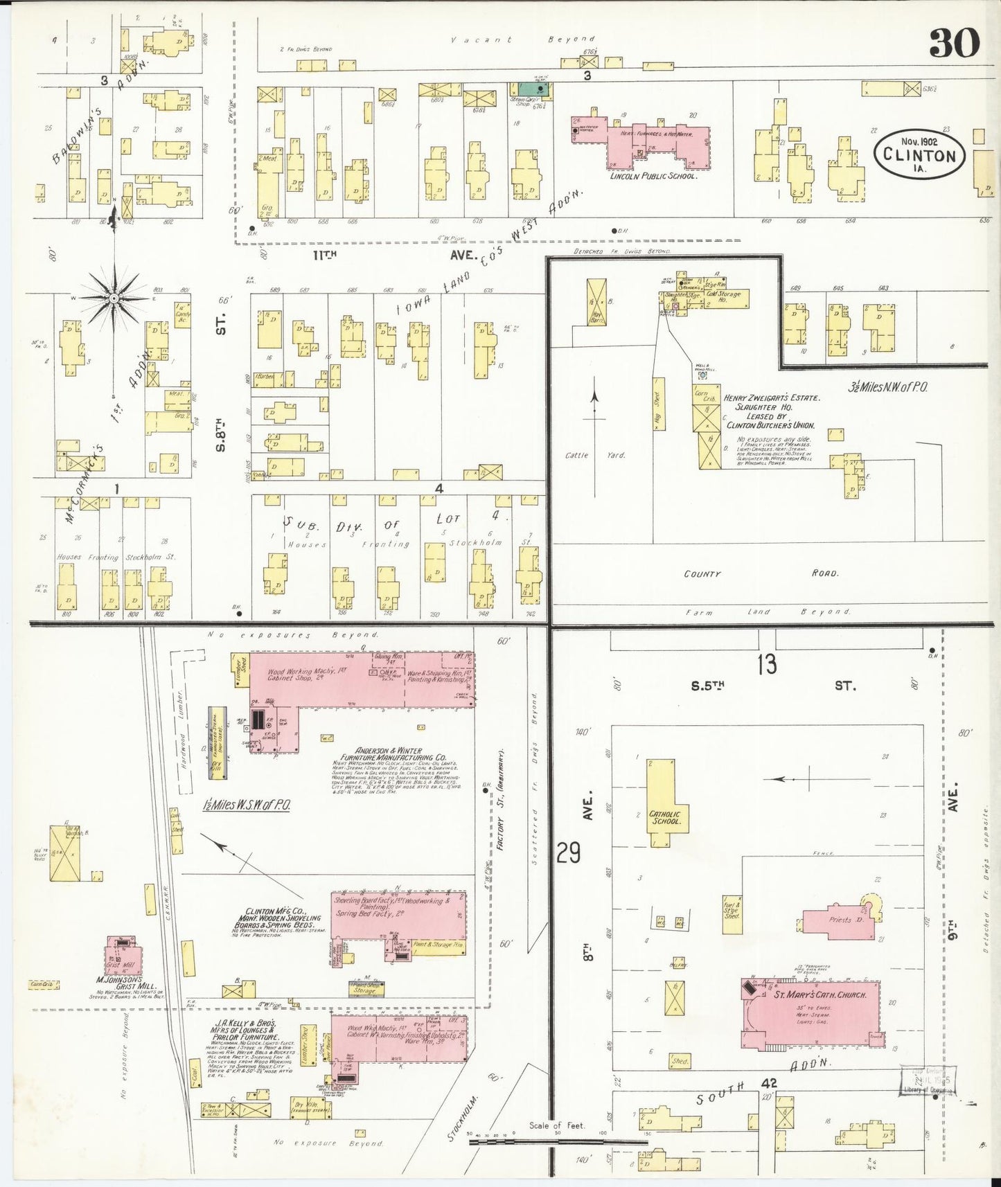 Sanborn Fire Insurance Map from Clinton, Clinton County, Iowa (1902), Sheet #0030 - Historic Sanborn Fire Insurance Map Print, vintage old map wall art
