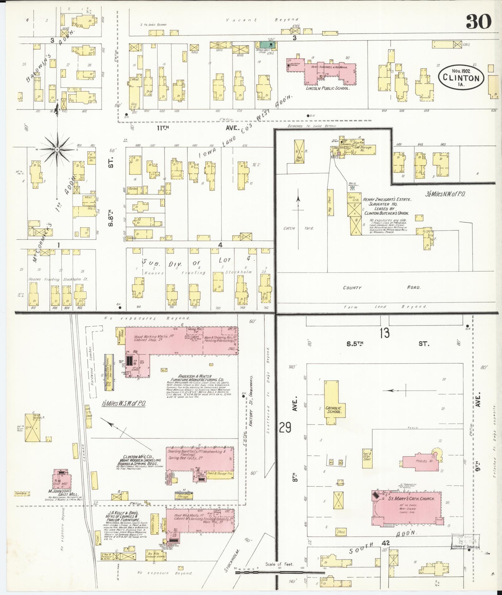 Sanborn Fire Insurance Map from Clinton, Clinton County, Iowa (1902), Sheet #0030 - Historic Sanborn Fire Insurance Map Print, vintage old map wall art