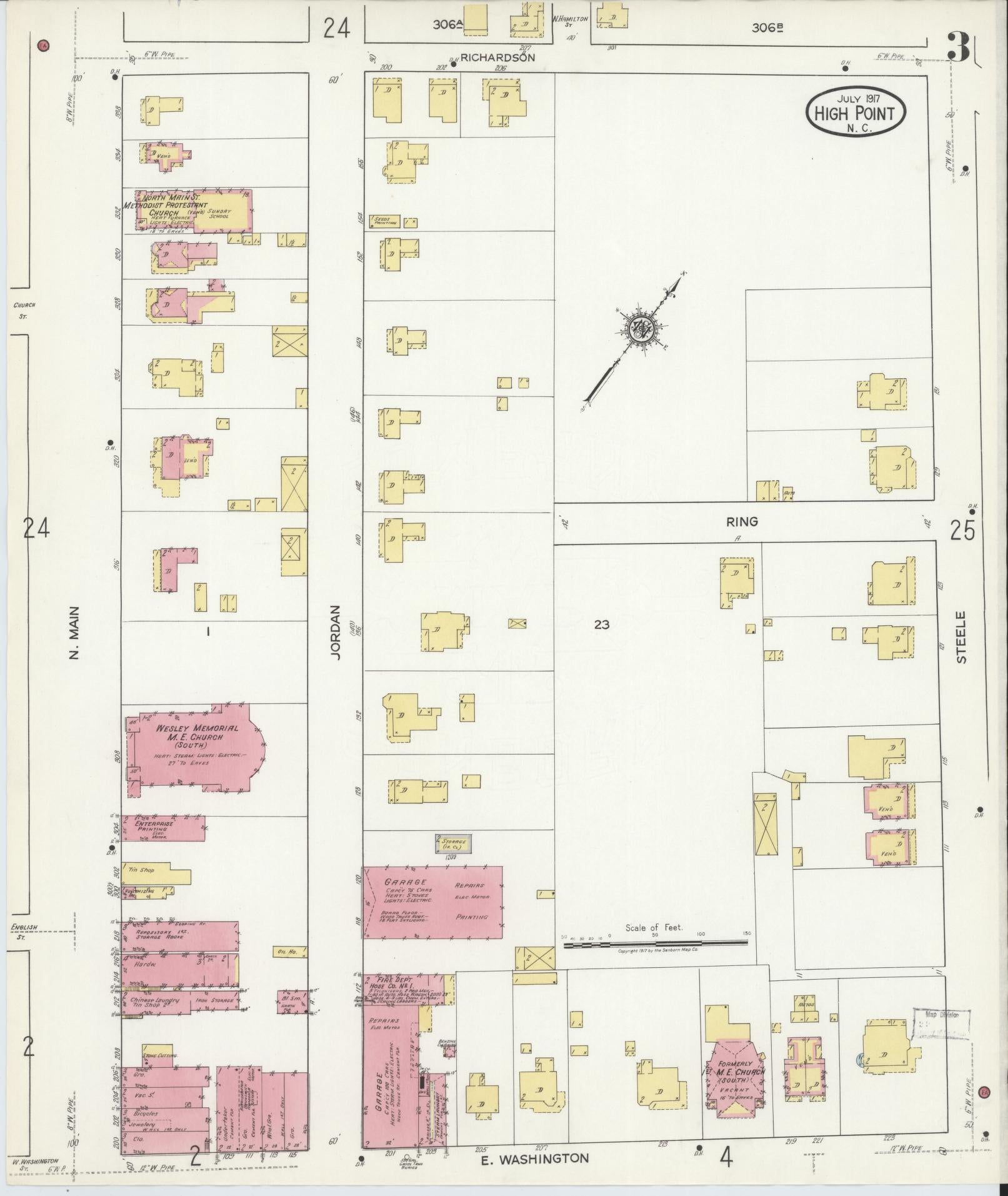 Sanborn Fire Insurance Map from High Point, Guilford County, North Carolina (1917), Sheet #0003 - Complete Map Set gallery image, historic Sanborn map, vintage wall art, North Carolina North Carolina