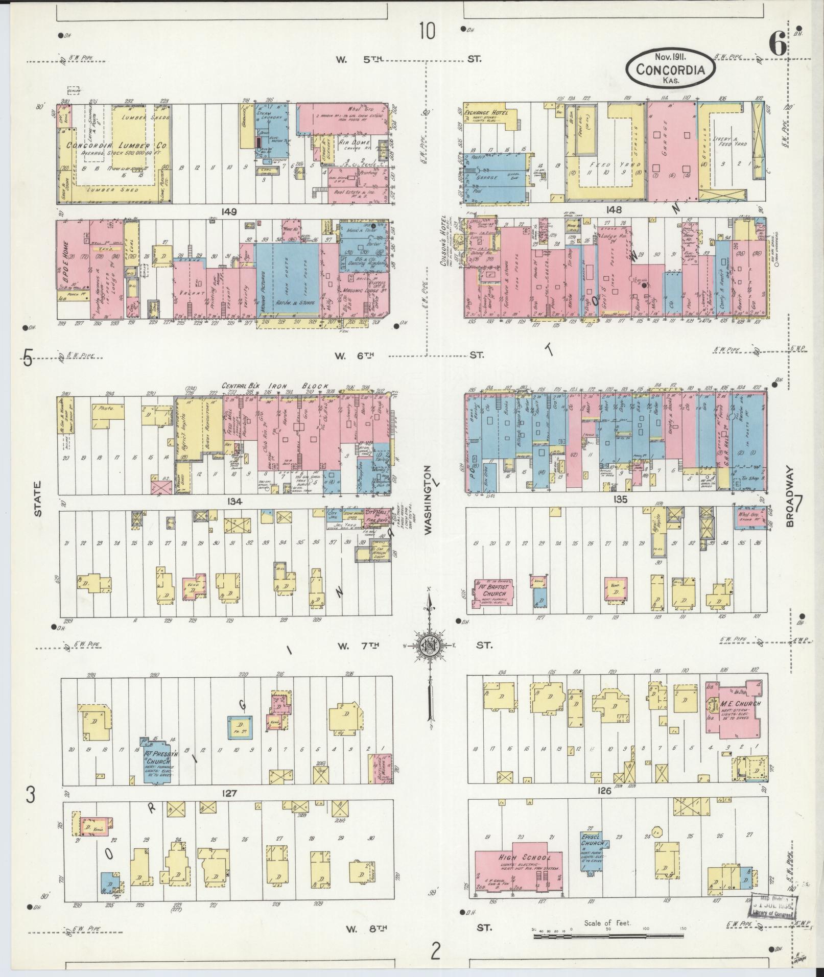 Sanborn Fire Insurance Map from Concordia, Cloud County, Kansas (1911), Sheet #0006 - Complete Map Set gallery image, historic Sanborn map, vintage wall art, Kansas Kansas