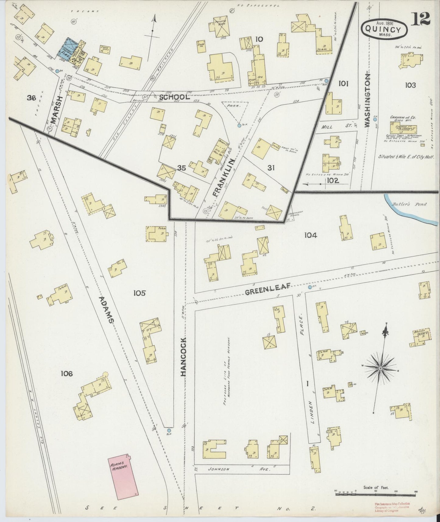 Sanborn Fire Insurance Map from Quincy, Norfolk County, Massachusetts (1891), Sheet #0012 - Complete Map Set gallery image, historic Sanborn map, vintage wall art, Massachusetts Massachusetts