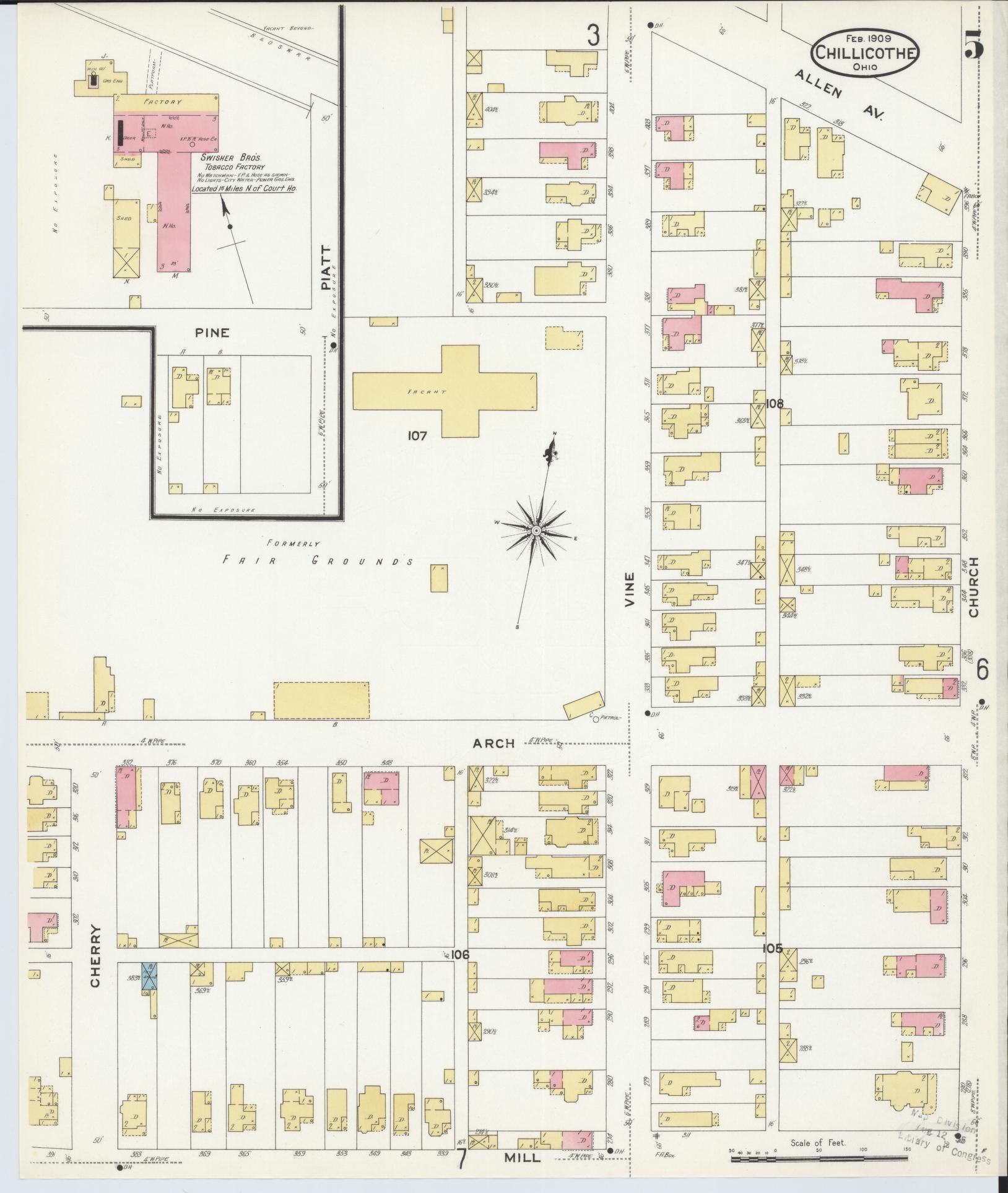 Sanborn Fire Insurance Map from Chillicothe, Ross County, Ohio (1909), Sheet #0005 - Complete Map Set gallery image, historic Sanborn map, vintage wall art, Ohio Ohio