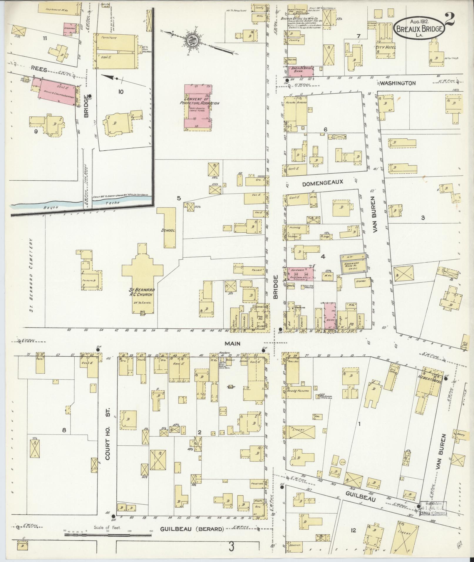 Sanborn Fire Insurance Map from Breaux Bridge, Saint Martin Parish, Louisiana (1912), Sheet #0002 - Historic Sanborn Fire Insurance Map Print, vintage old map wall art, antique decor, genealogy gift, Louisiana Louisiana map