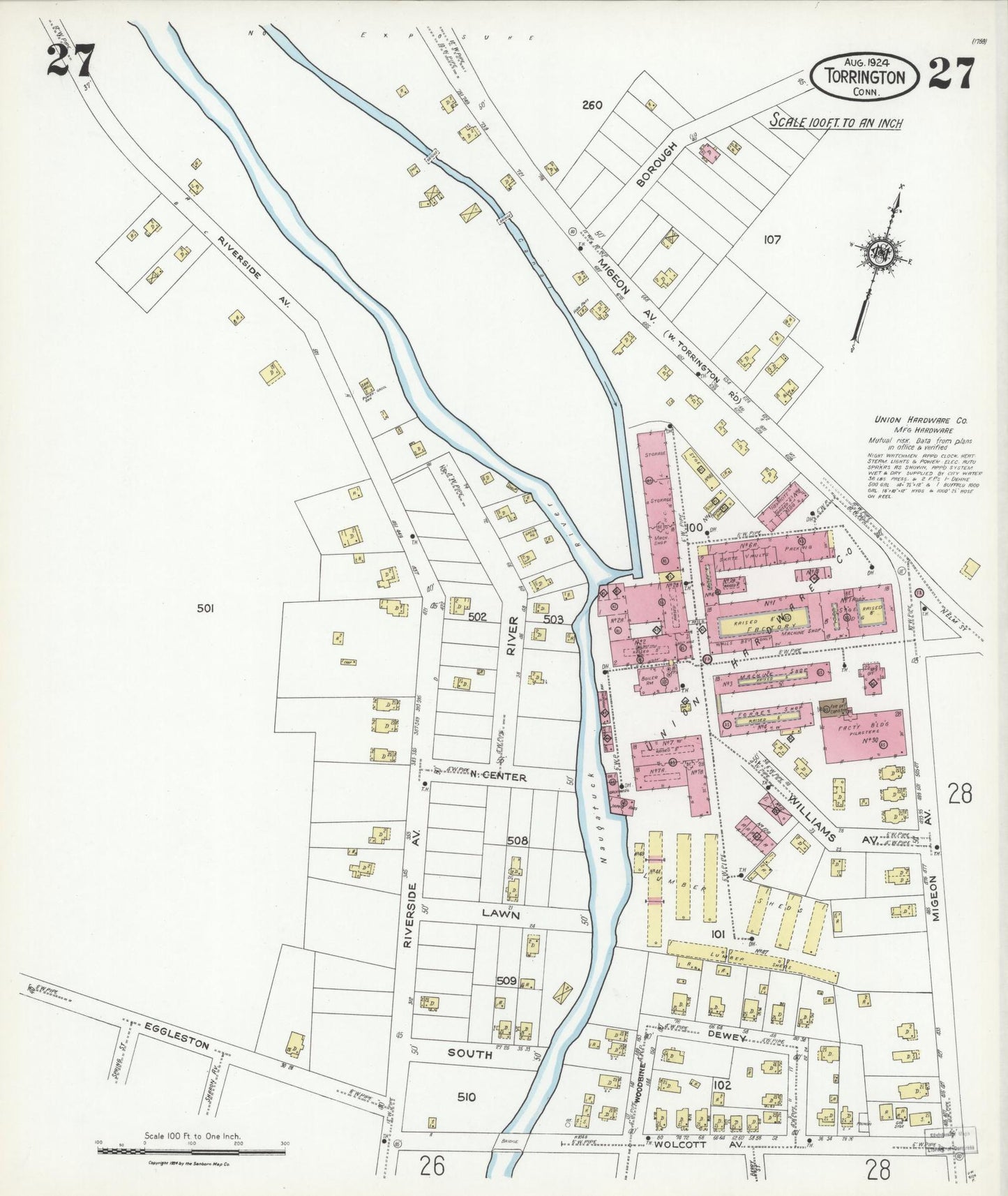 Sanborn Fire Insurance Map from Torrington, Litchfield County, Connecticut (1924), Sheet #0027 - Historic Sanborn Fire Insurance Map Print, vintage old map wall art, antique decor, genealogy gift, Connecticut Connecticut map