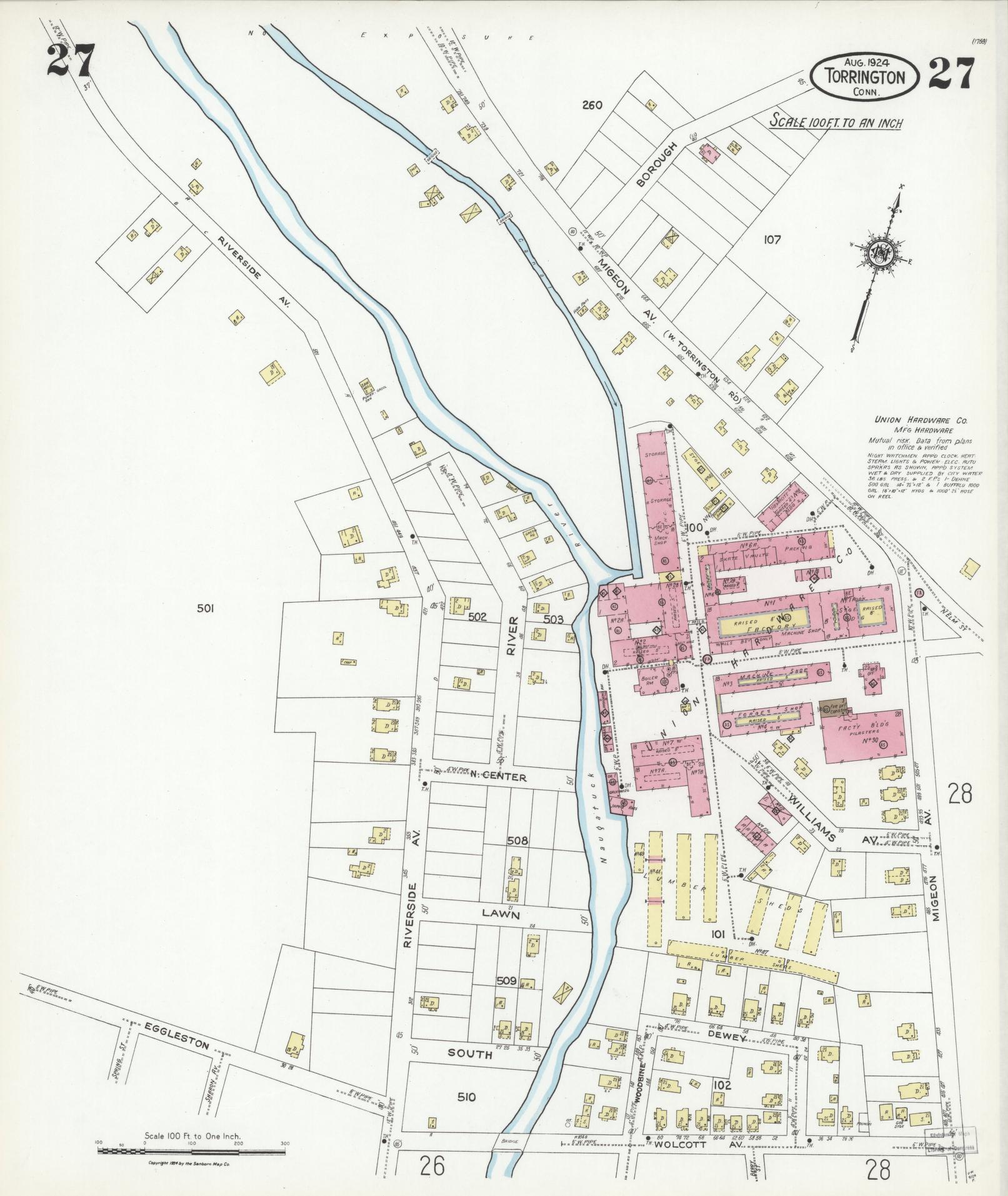 Sanborn Fire Insurance Map from Torrington, Litchfield County, Connecticut (1924), Sheet #0027 - Historic Sanborn Fire Insurance Map Print, vintage old map wall art, antique decor, genealogy gift, Connecticut Connecticut map