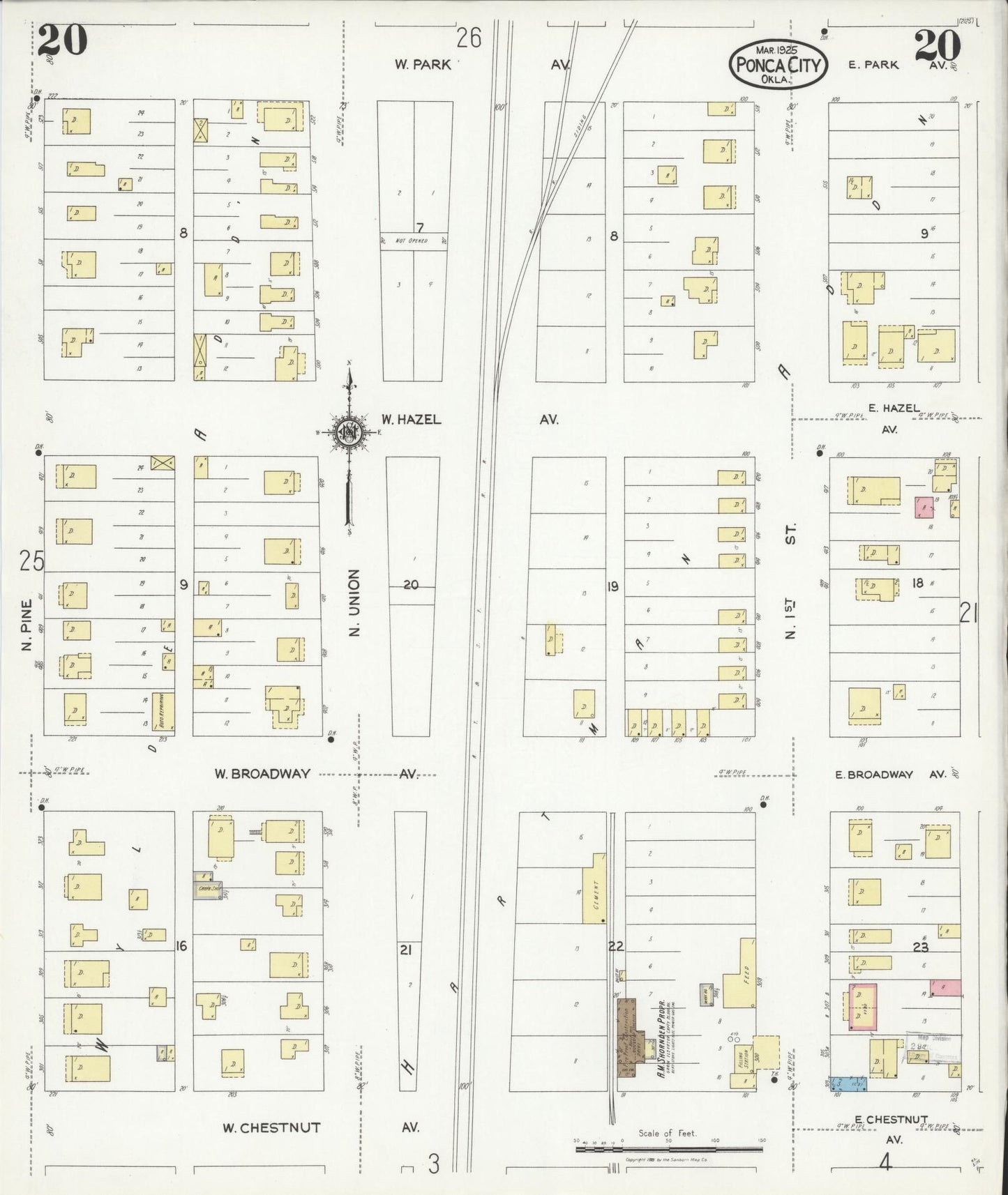 Sanborn Fire Insurance Map from Ponca City, Kay County, Oklahoma (1925), Sheet #0020 - Historic Sanborn Fire Insurance Map Print, vintage old map wall art, antique decor, genealogy gift, Oklahoma Oklahoma map