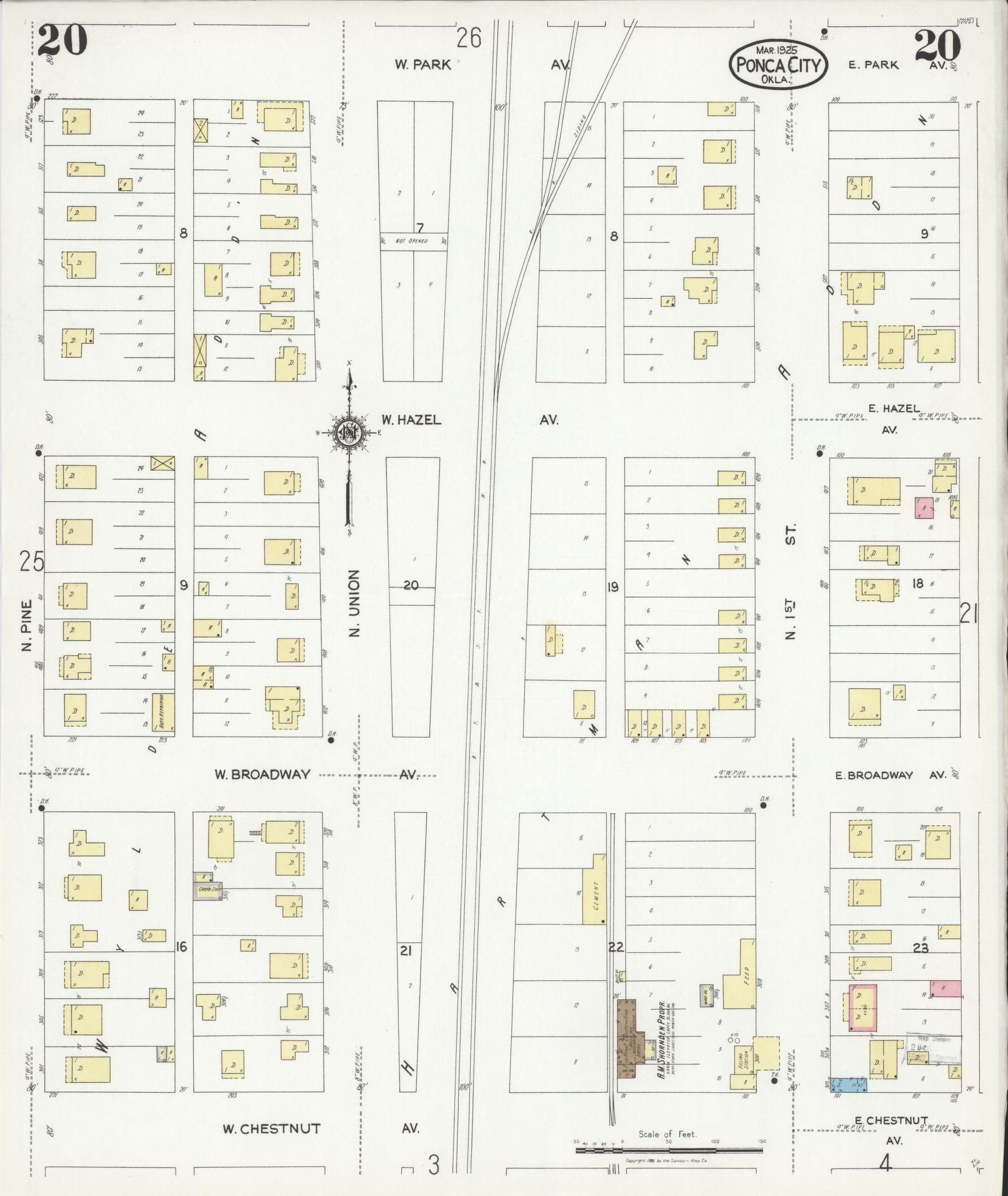 Sanborn Fire Insurance Map from Ponca City, Kay County, Oklahoma (1925), Sheet #0020 - Historic Sanborn Fire Insurance Map Print, vintage old map wall art, antique decor, genealogy gift, Oklahoma Oklahoma map