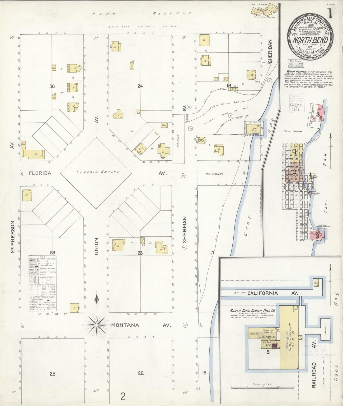Sanborn Fire Insurance Map from North Bend, Coos County, Oregon (1903), Sheet #0001 - Historic Sanborn Fire Insurance Map Print, vintage old map wall art, antique decor, genealogy gift, Oregon Oregon map