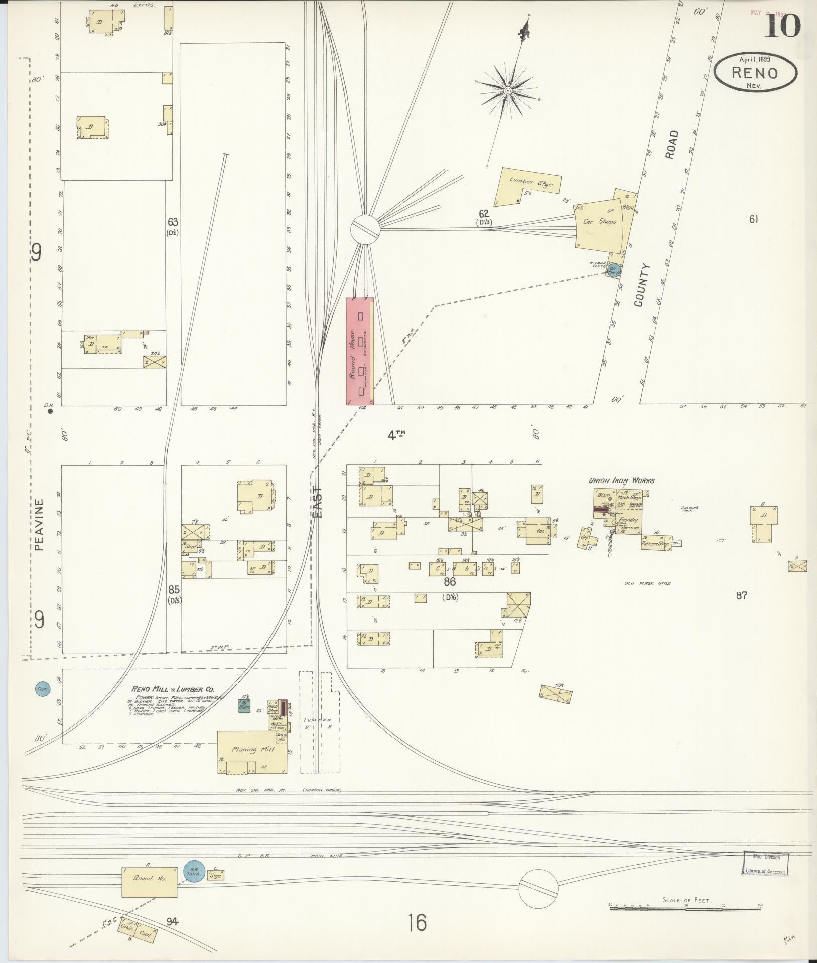 Sanborn Fire Insurance Map from Reno, Washoe County, Nevada (1899), Sheet #0010 - Historic Sanborn Fire Insurance Map Print, vintage old map wall art, antique decor, genealogy gift, Nevada Nevada map