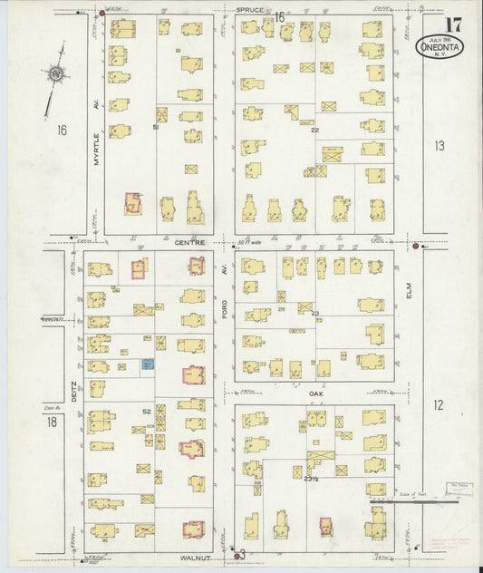 Sanborn Fire Insurance Map from Oneonta, Otsego County, New York (1916), Sheet #0017 - Historic Sanborn Fire Insurance Map Print, vintage old map wall art, antique decor, genealogy gift, New York New York map