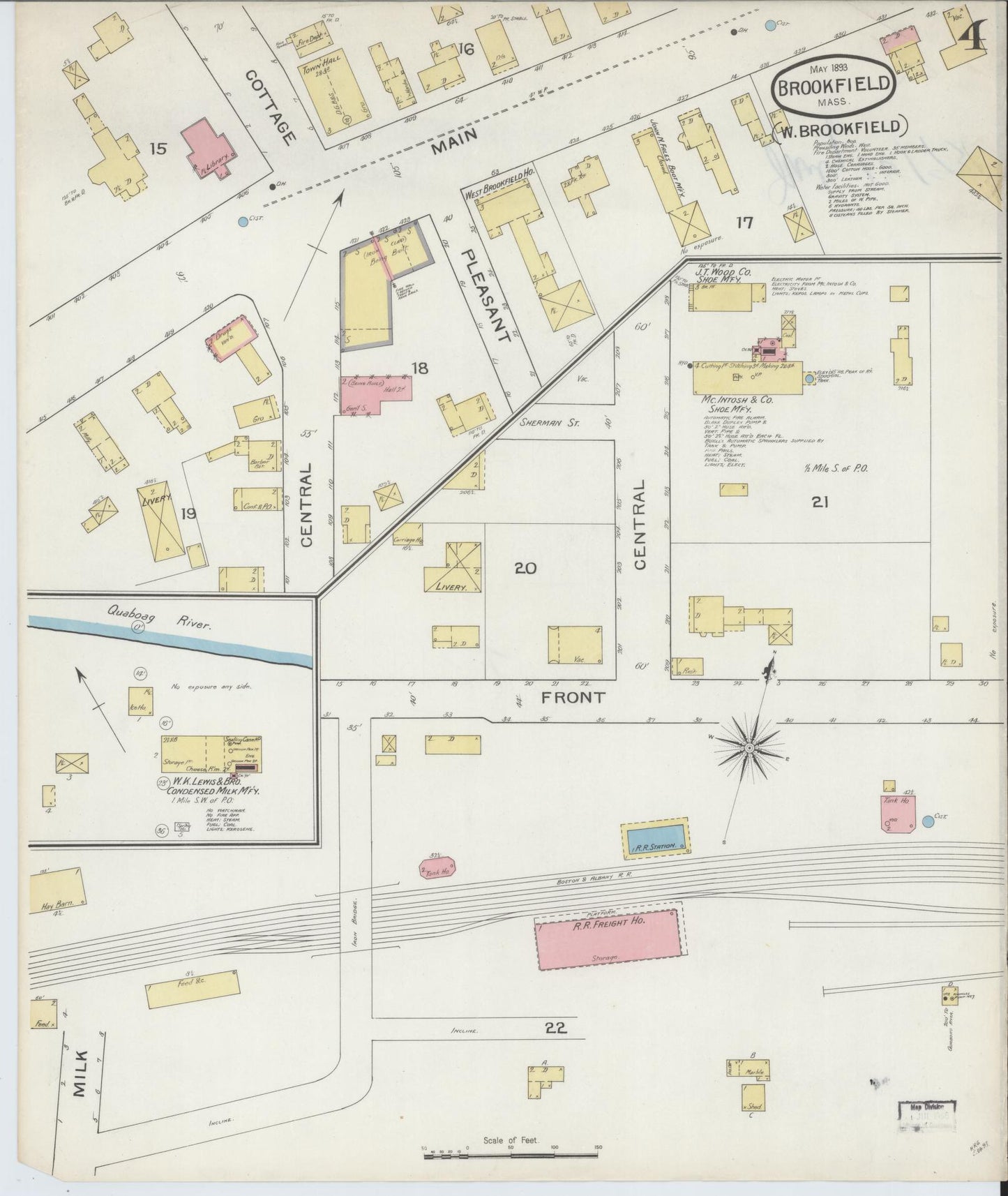 Sanborn Fire Insurance Map from Brookfield, Worcester County, Massachusetts (1893), Sheet #0004 - Historic Sanborn Fire Insurance Map Print, vintage old map wall art, antique decor, genealogy gift, Massachusetts Massachusetts map