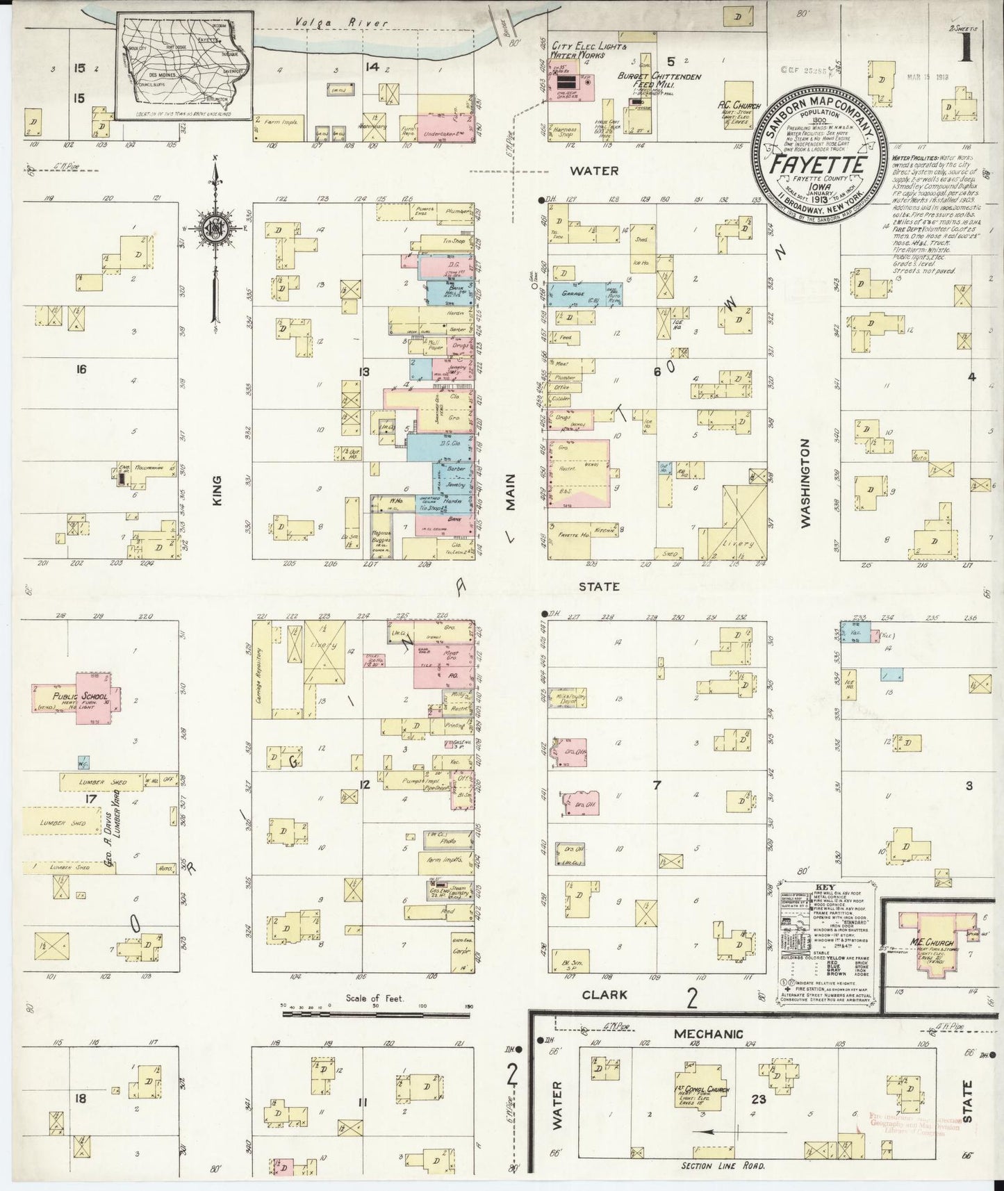 Sanborn Fire Insurance Map from Fayette, Fayette County, Iowa (1913), Sheet #0001 - Historic Sanborn Fire Insurance Map Print, vintage old map wall art
