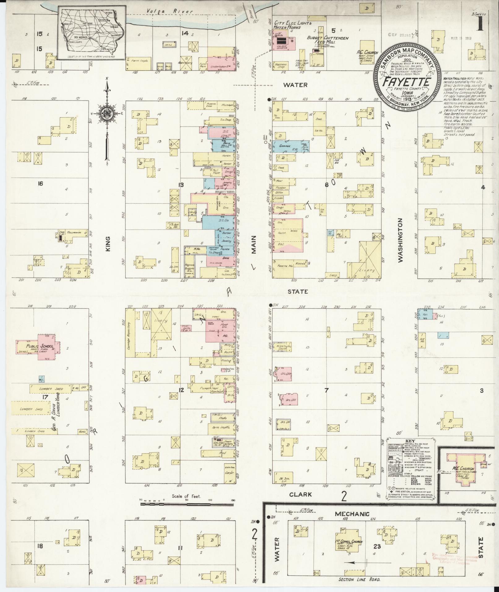 Sanborn Fire Insurance Map from Fayette, Fayette County, Iowa (1913), Sheet #0001 - Historic Sanborn Fire Insurance Map Print, vintage old map wall art