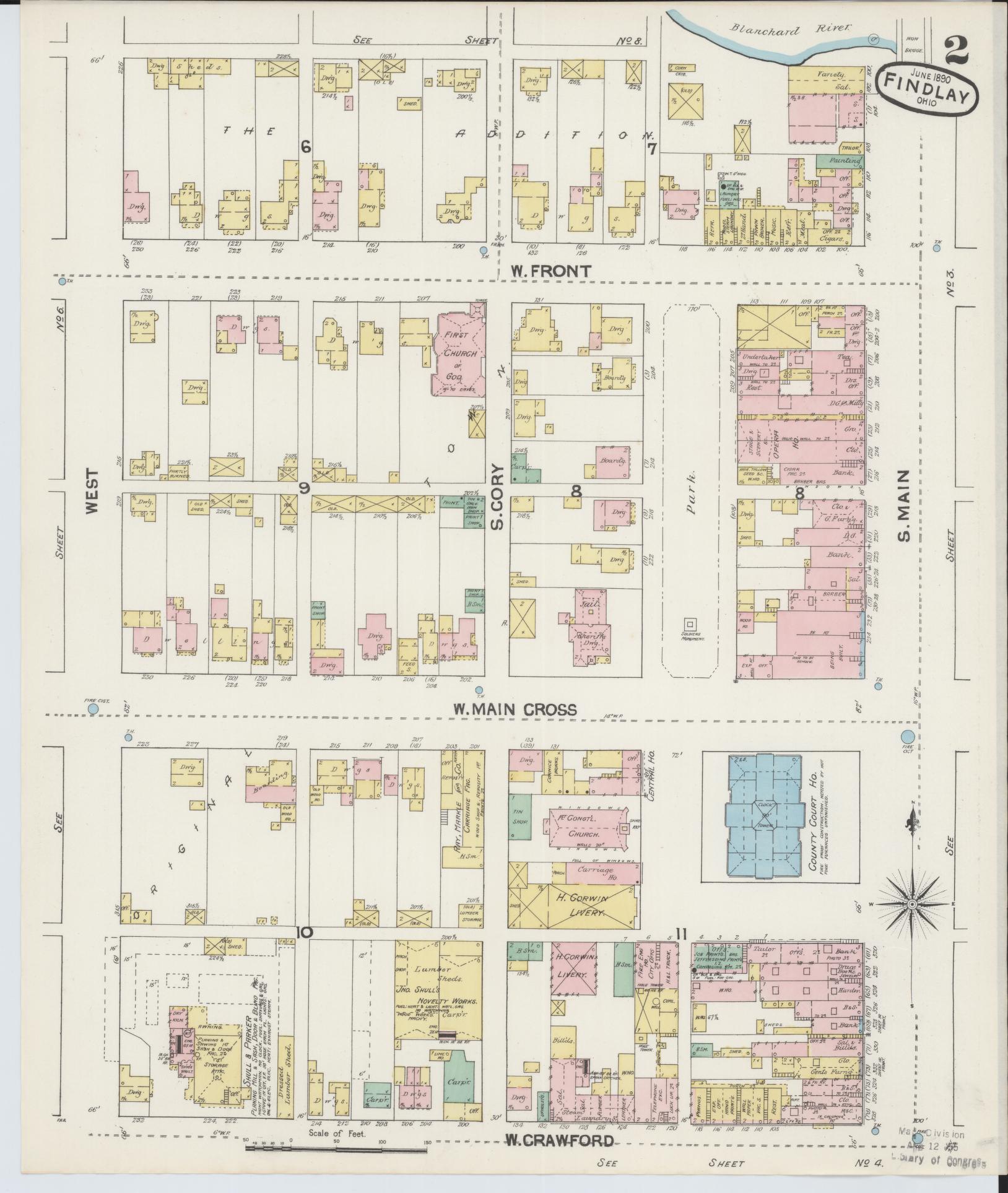 Sanborn Fire Insurance Map from Findlay, Hancock County, Ohio (1890), Sheet #0002 - Historic Sanborn Fire Insurance Map Print, vintage old map wall art, antique decor, genealogy gift, Ohio Ohio map