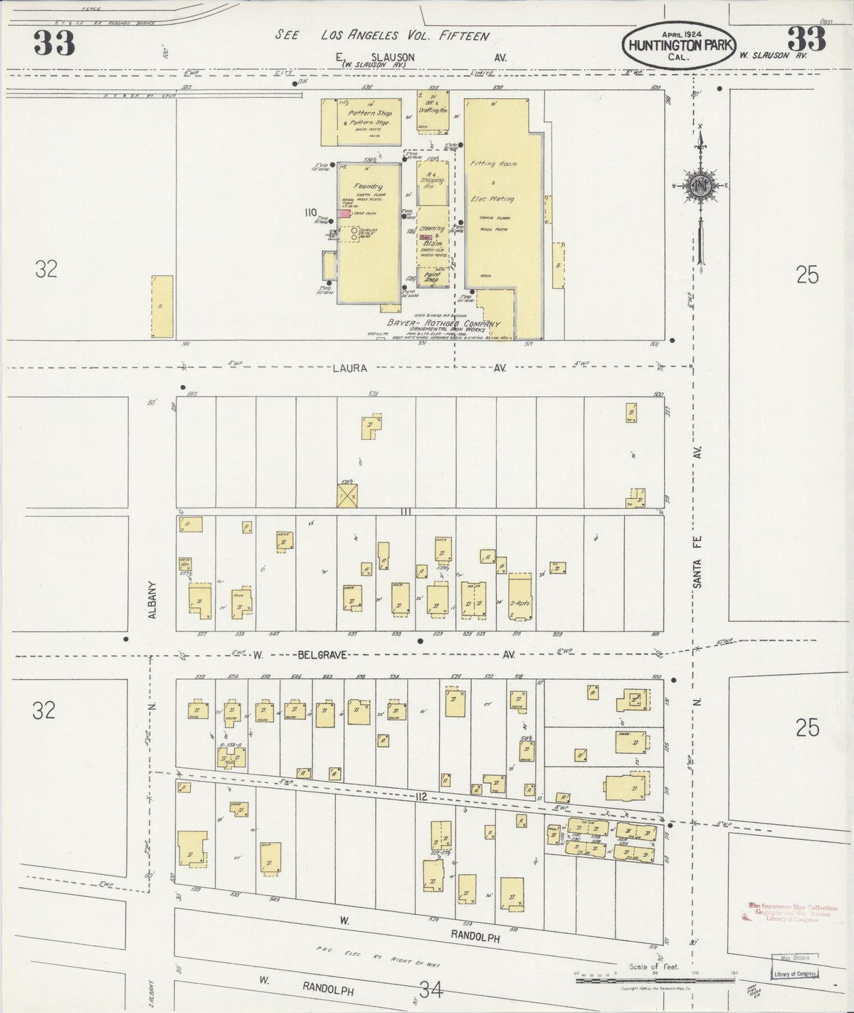 Sanborn Fire Insurance Map from Huntington Park, Los Angeles County, California (1924), Sheet #0033 - Complete Map Set gallery image, historic Sanborn map, vintage wall art, California California