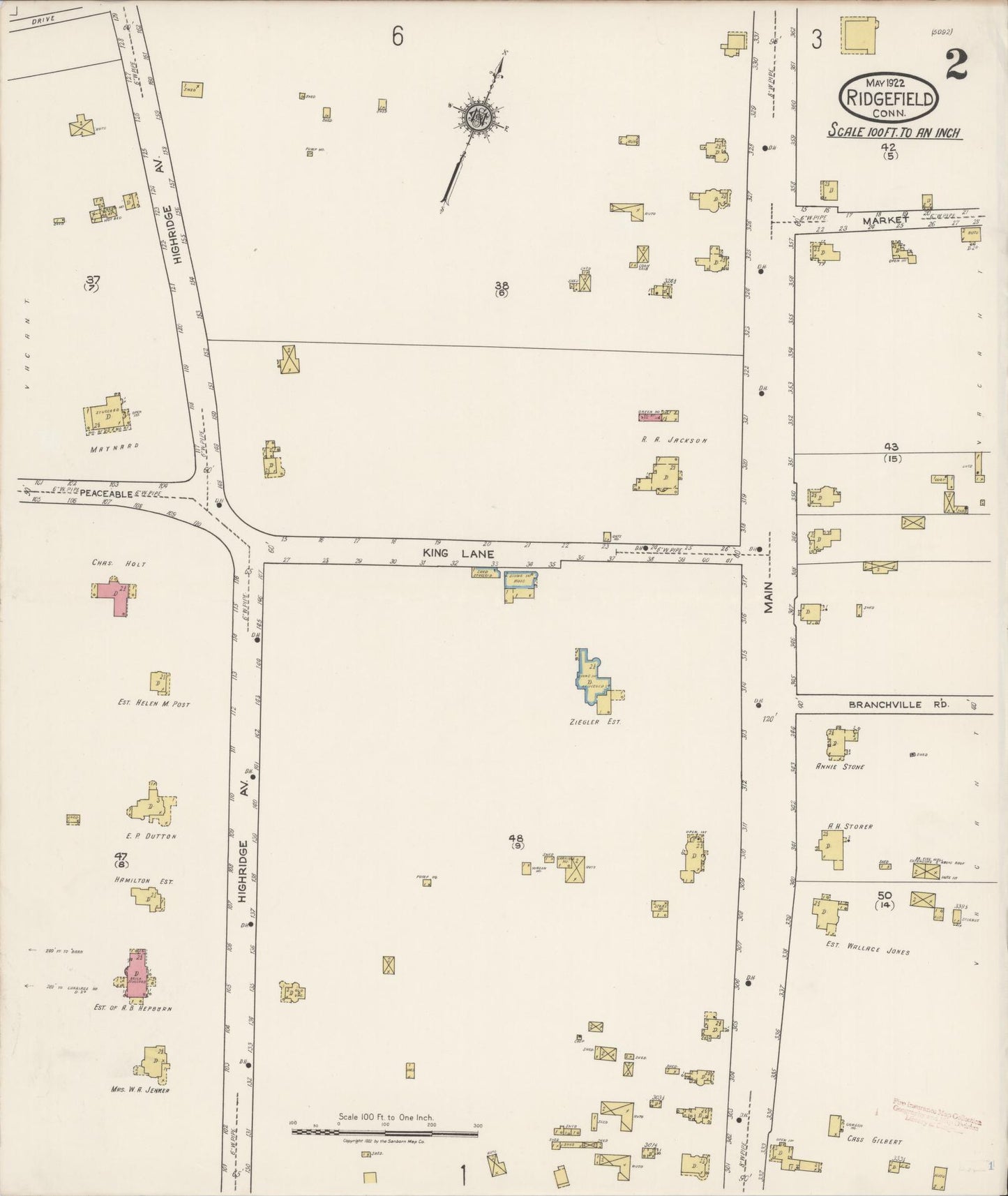 Sanborn Fire Insurance Map from Ridgefield, Fairfield County, Connecticut (1922), Sheet #0002 - Complete Map Set gallery image, historic Sanborn map, vintage wall art, Connecticut Connecticut
