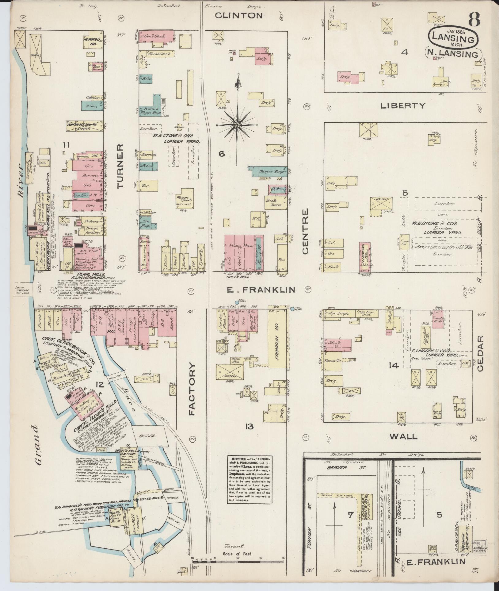 Sanborn Fire Insurance Map from Lansing, Ingham County, Michigan (1885), Sheet #0008 - Complete Map Set gallery image, historic Sanborn map, vintage wall art, Michigan Michigan