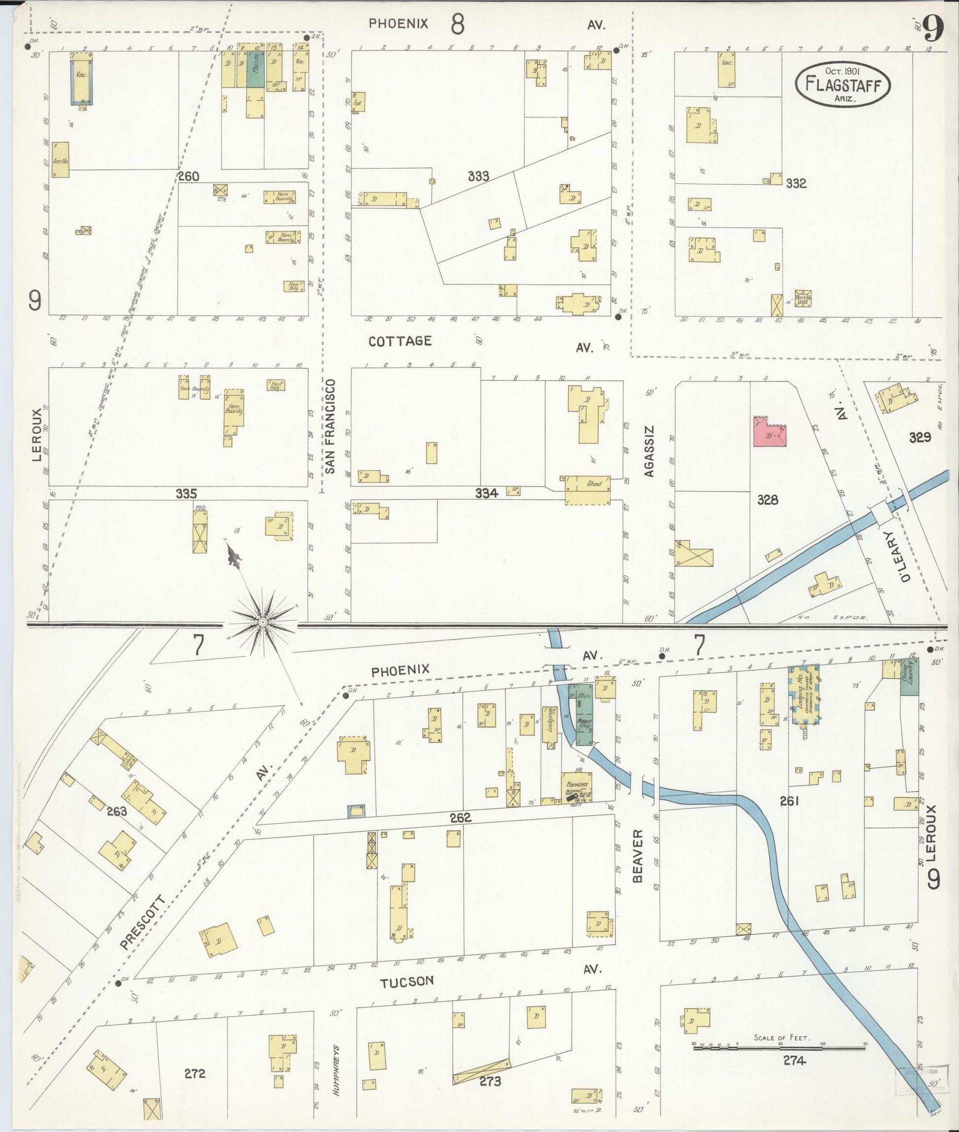 Sanborn Fire Insurance Map from Flagstaff, Coconino County, Arizona (1901), Sheet #0009 - Complete Map Set gallery image, historic Sanborn map, vintage wall art, Arizona Arizona