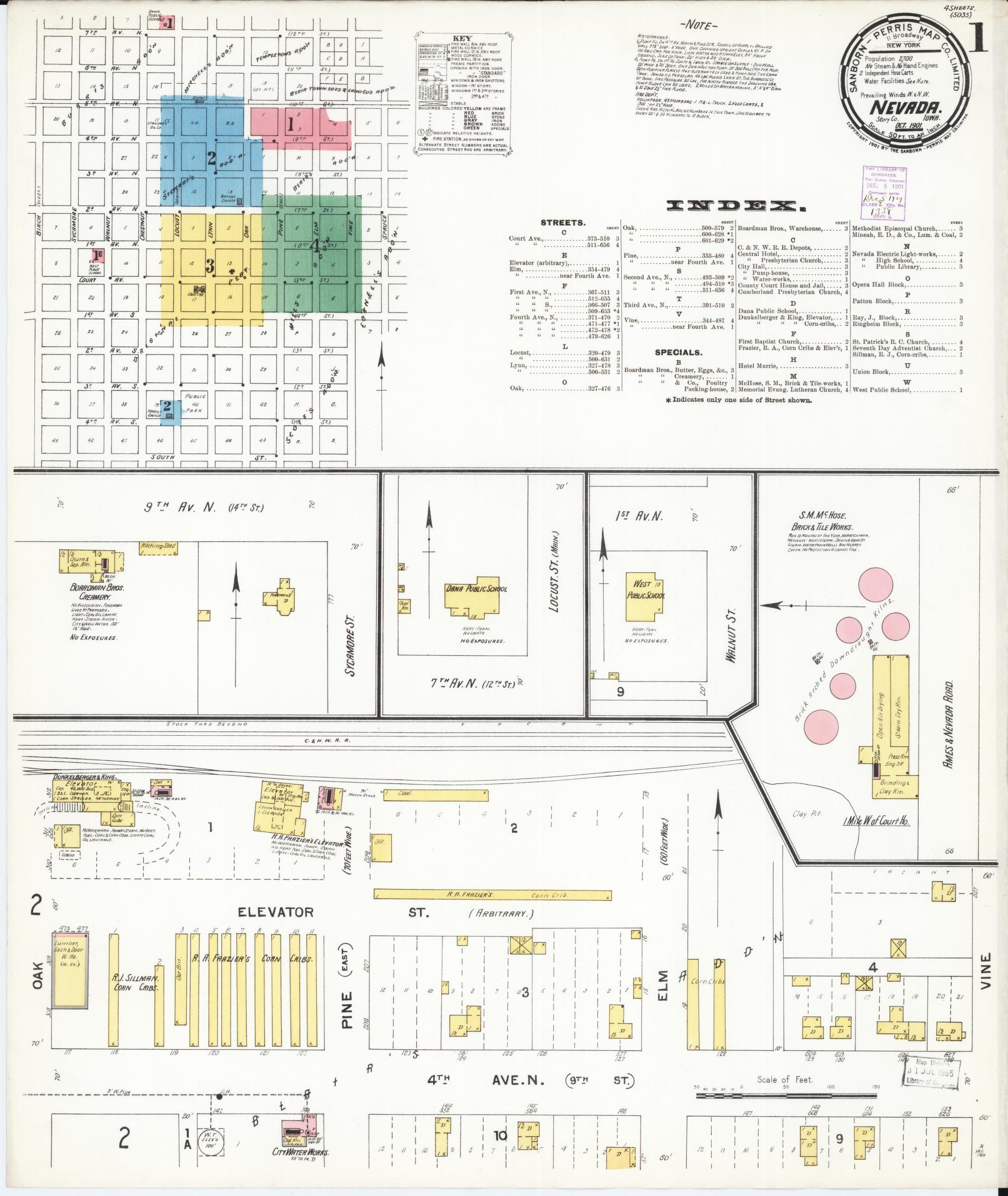 Sanborn Fire Insurance Map from Nevada, Story County, Iowa (1901), Sheet #0001 - Historic Sanborn Fire Insurance Map Print, vintage old map wall art, antique decor, genealogy gift, Nevada Nevada map