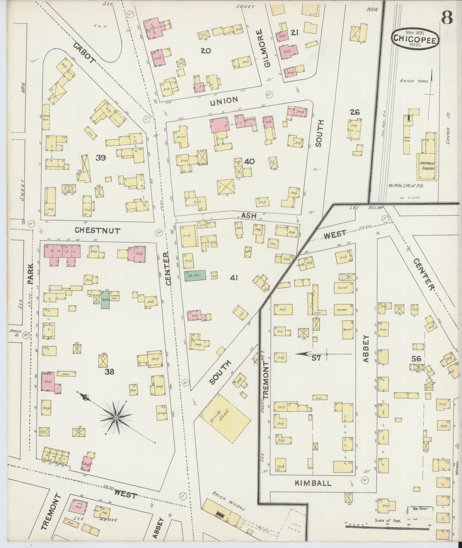 Sanborn Fire Insurance Map from Chicopee, Hampden County, Massachusetts (1891), Sheet #0008 - Complete Map Set gallery image, historic Sanborn map, vintage wall art, Massachusetts Massachusetts
