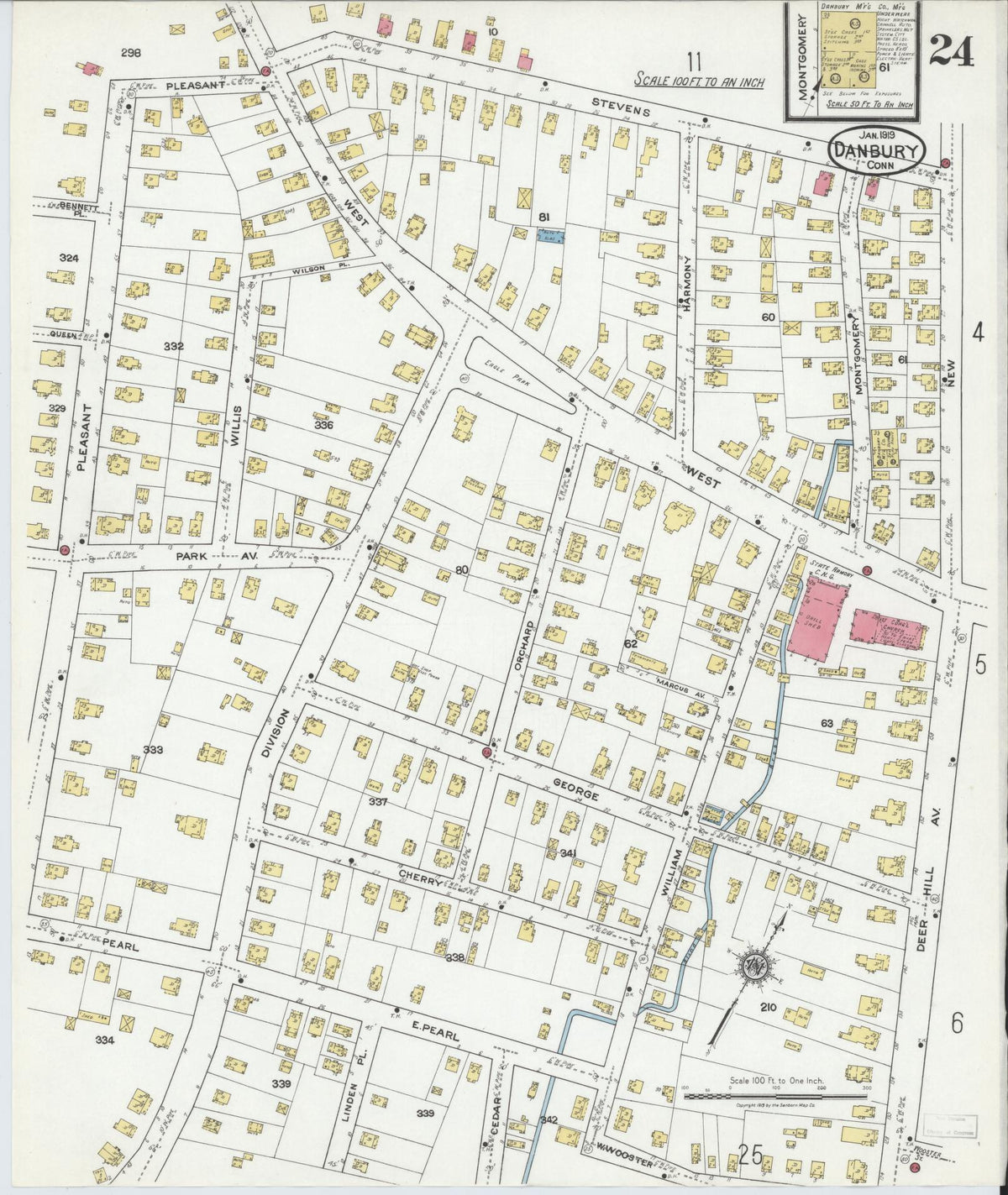 Sanborn Fire Insurance Map from Danbury, Fairfield County, Connecticut (1919), Sheet #0024 - Historic Sanborn Fire Insurance Map Print, vintage old map wall art, antique decor, genealogy gift, Connecticut Connecticut map