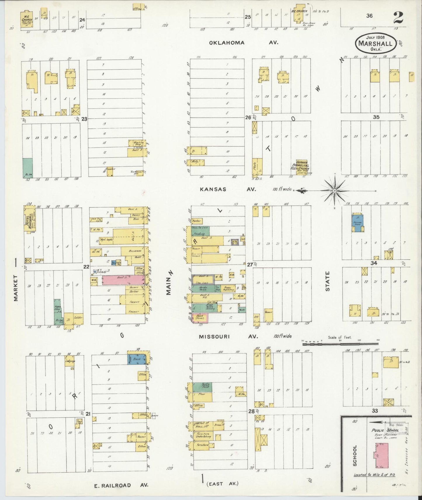 Sanborn Fire Insurance Map from Marshall, Logan County, Oklahoma (1908), Sheet #0002 - Complete Map Set gallery image, historic Sanborn map, vintage wall art, Oklahoma Oklahoma