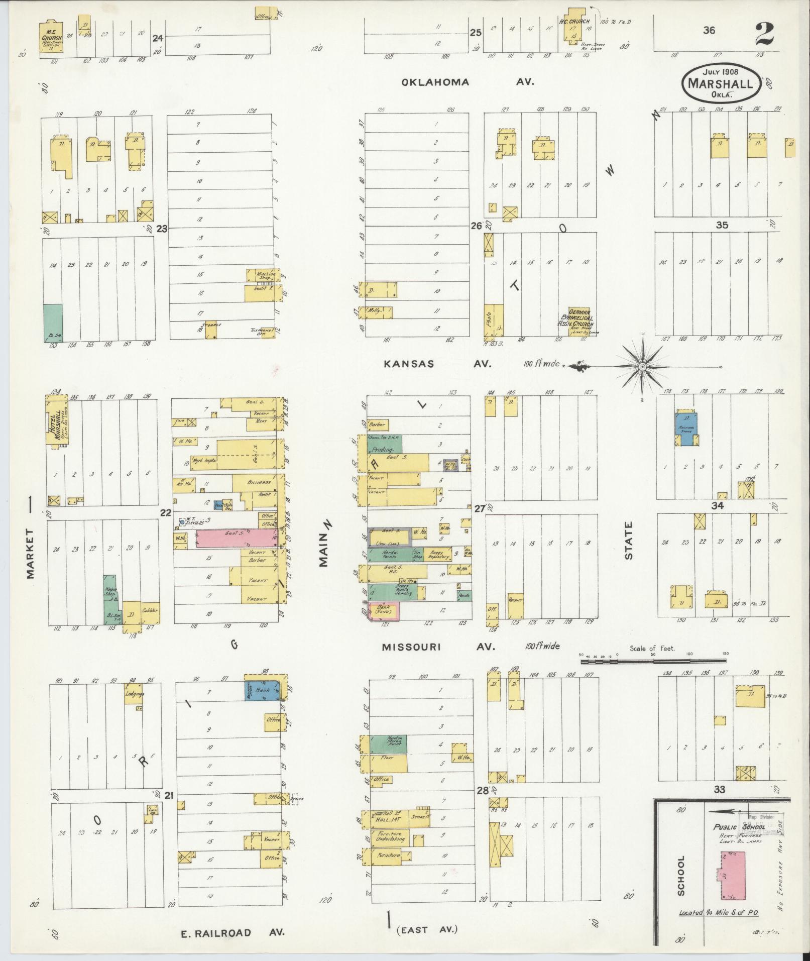 Sanborn Fire Insurance Map from Marshall, Logan County, Oklahoma (1908), Sheet #0002 - Complete Map Set gallery image, historic Sanborn map, vintage wall art, Oklahoma Oklahoma