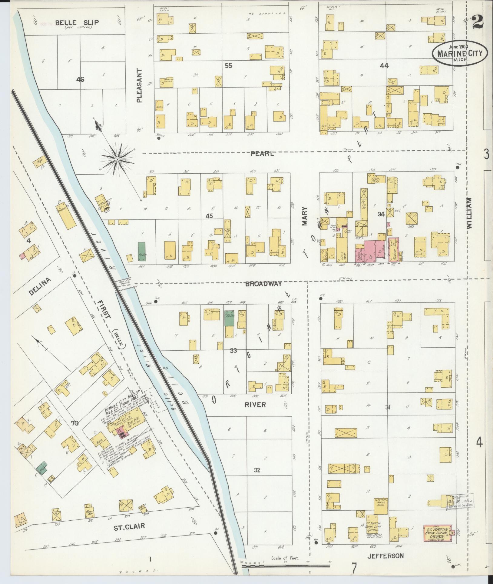 Sanborn Fire Insurance Map from Marine City, Saint Clair County, Michigan (1900), Sheet #0002 - Complete Map Set gallery image, historic Sanborn map, vintage wall art, Michigan Michigan