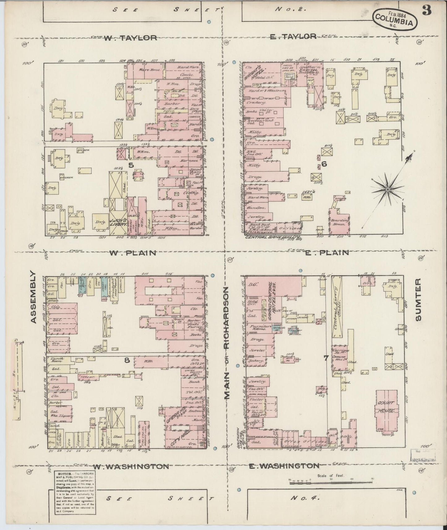 Sanborn Fire Insurance Map from Columbia, Richland County, South Carolina (1884), Sheet #0003 - Historic Sanborn Fire Insurance Map Print, vintage old map wall art, antique decor, genealogy gift, South Carolina South Carolina map