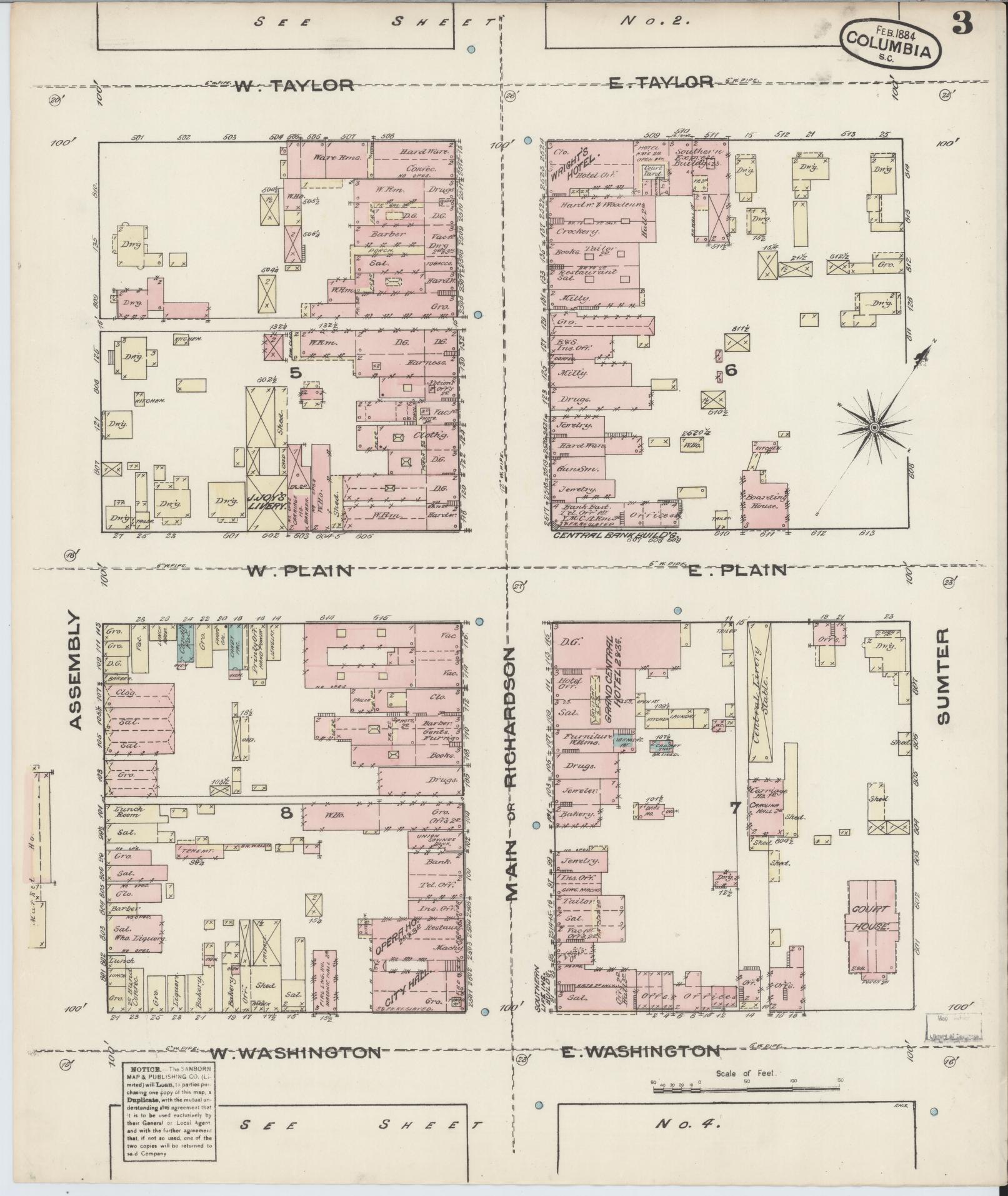 Sanborn Fire Insurance Map from Columbia, Richland County, South Carolina (1884), Sheet #0003 - Historic Sanborn Fire Insurance Map Print, vintage old map wall art, antique decor, genealogy gift, South Carolina South Carolina map