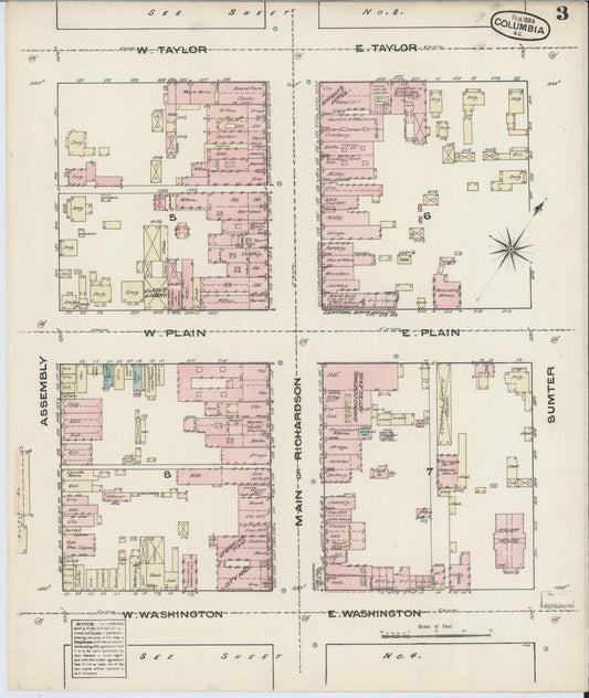Sanborn Fire Insurance Map from Columbia, Richland County, South Carolina (1884), Sheet #0003 - Historic Sanborn Fire Insurance Map Print, vintage old map wall art, antique decor, genealogy gift, South Carolina South Carolina map