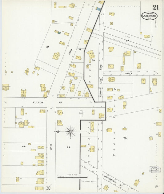 Sanborn Fire Insurance Map from Lakewood, Ocean County, New Jersey (1909), Sheet #0021 - Historic Sanborn Fire Insurance Map Print, vintage old map wall art, antique decor, genealogy gift, New Jersey New Jersey map