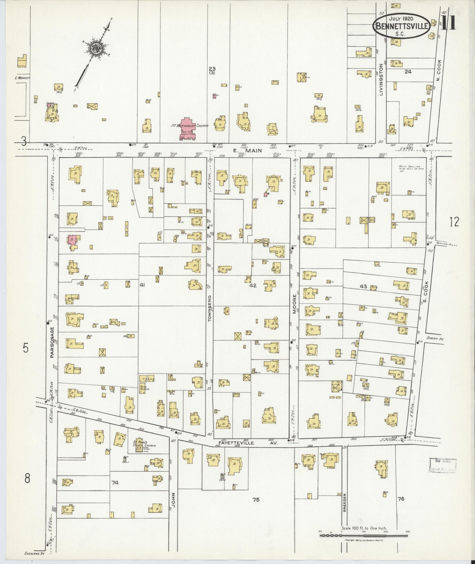 Sanborn Fire Insurance Map from Bennettsville, Marlboro County, South Carolina (1920), Sheet #0011 - Complete Map Set gallery image, historic Sanborn map, vintage wall art, South Carolina South Carolina