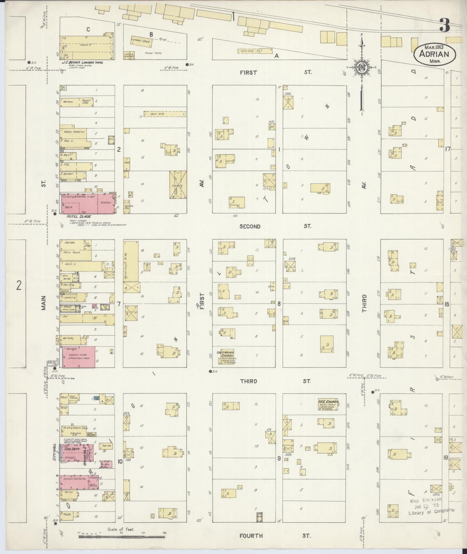 Sanborn Fire Insurance Map from Adrian, Nobles County, Minnesota (1913), Sheet #0003 - Historic Sanborn Fire Insurance Map Print, vintage old map wall art, antique decor, genealogy gift, Minnesota Minnesota map